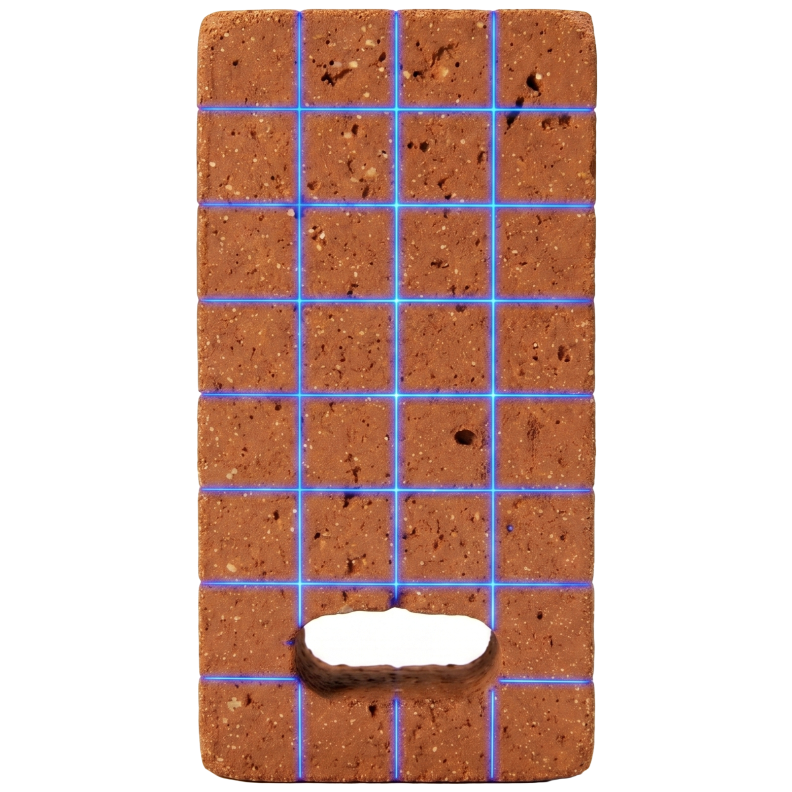 A brick with blue grid lines and an open arch at the bottom.