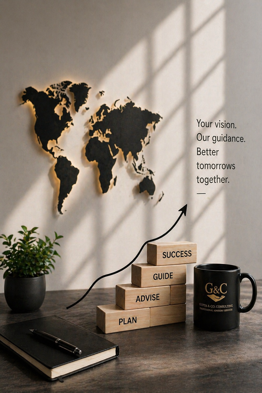 A world map wall decoration illuminated by sunlight with shadows cast on the wall. To the right, motivational text reads: "Your vision. Our guidance. Better tomorrows together." Below the text, a staircase of wooden blocks labeled "PLAN," "ADVISE," "GUIDE," and "SUCCESS" with an upward arrow. A black coffee mug with gold lettering and a logo, a black notebook with a pen, and a small potted plant are on the desk.