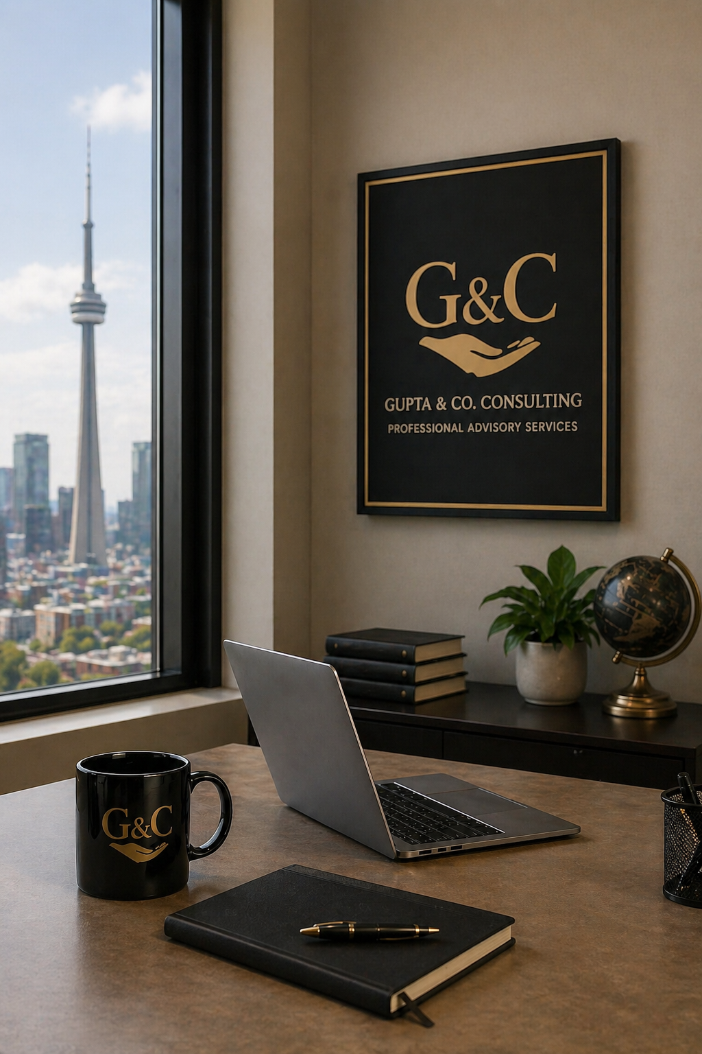 Office desk with a laptop, black mug with G&C logo, closed notebook with pen, and a pen holder. Behind, a window shows a city skyline with the CN Tower, and a black framed sign reads 'G&C Gupta & Co. Consulting Professional Advisory Services'. A side table holds a globe, a potted plant, and a stack of books.