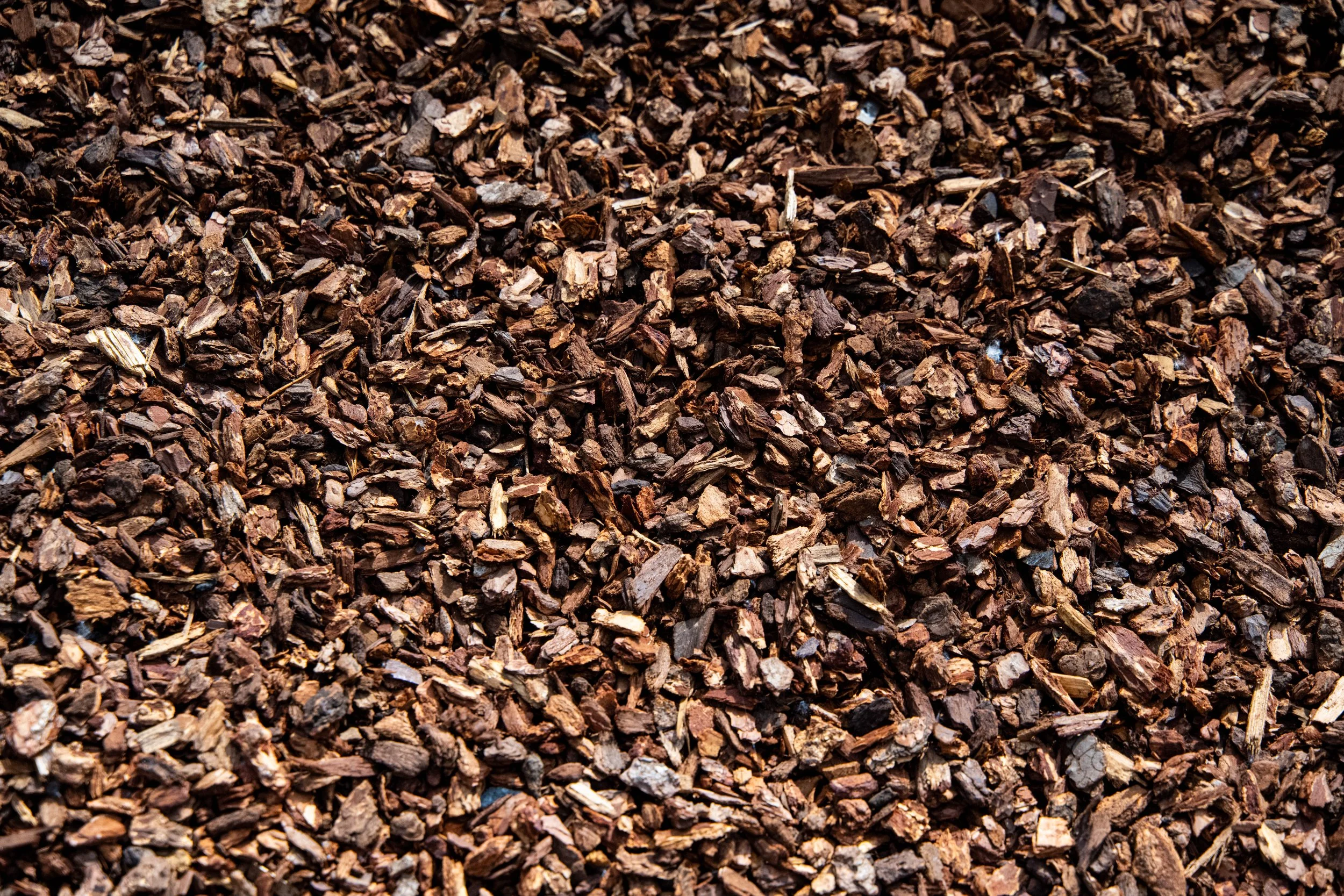 Close-up of a large pile of brown tree bark mulch, showing irregular small pieces with some variations in color and texture.