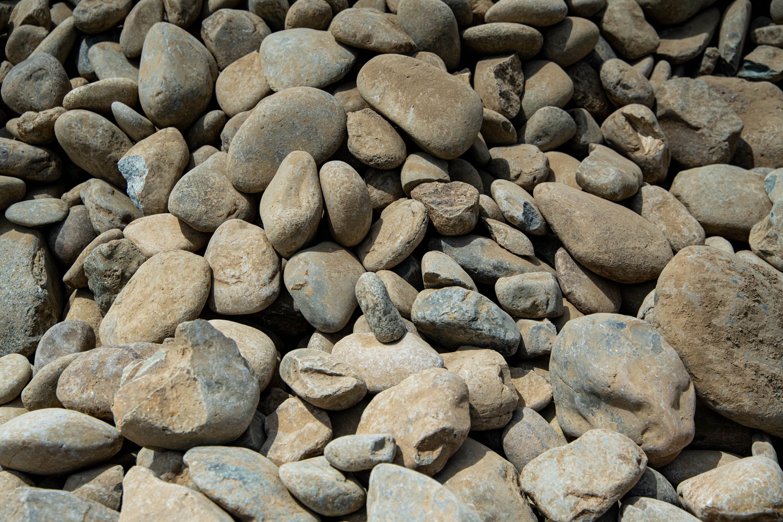 A close-up view of a bed of various rounded and irregularly shaped stones and pebbles.