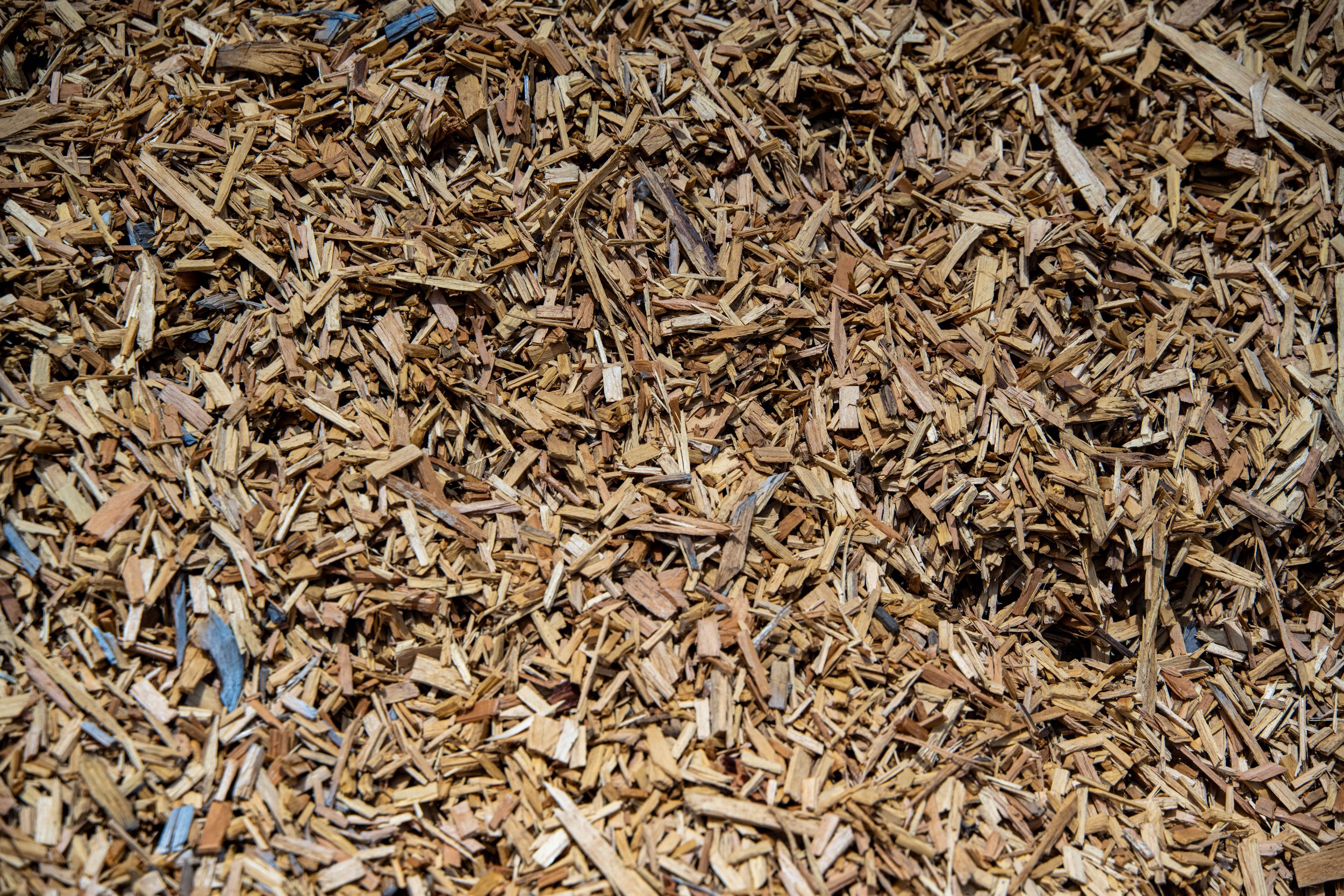 A close-up view of a pile of wood chips.