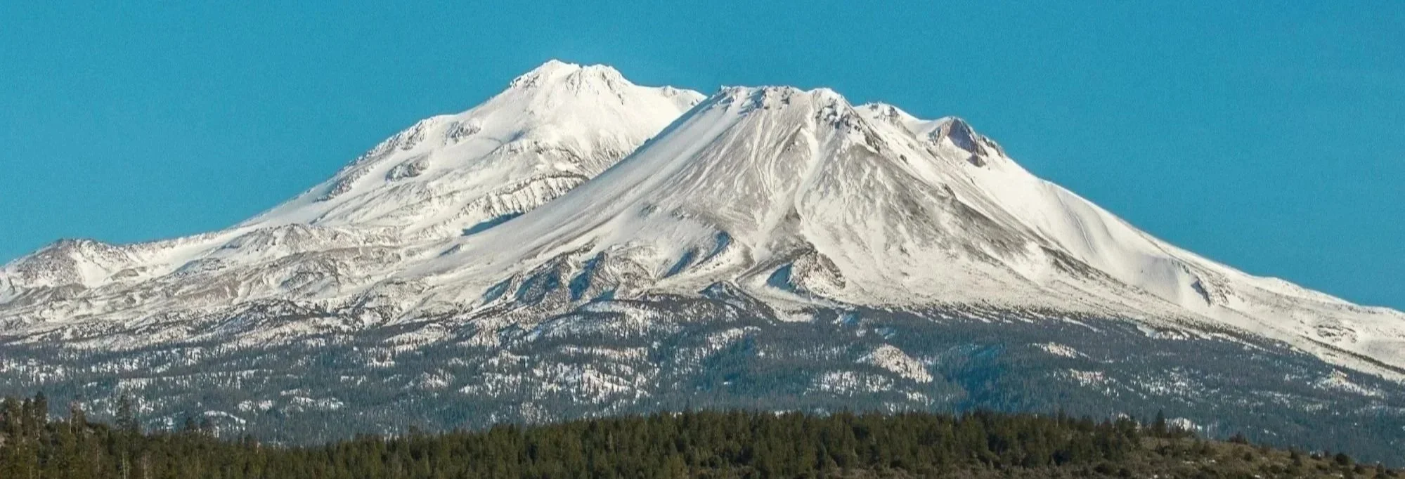 Snow-capped mountain with multiple peaks and green forested slopes in the foreground