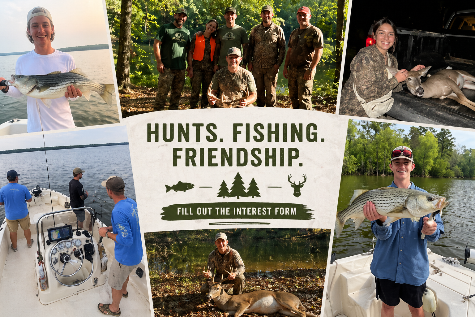 Collage of friends and family fishing, hunting, and enjoying nature. Central text says 'Hunts. Fishing. Friendship. Fill out the interest form' with icons of a fish, trees, and a deer.
