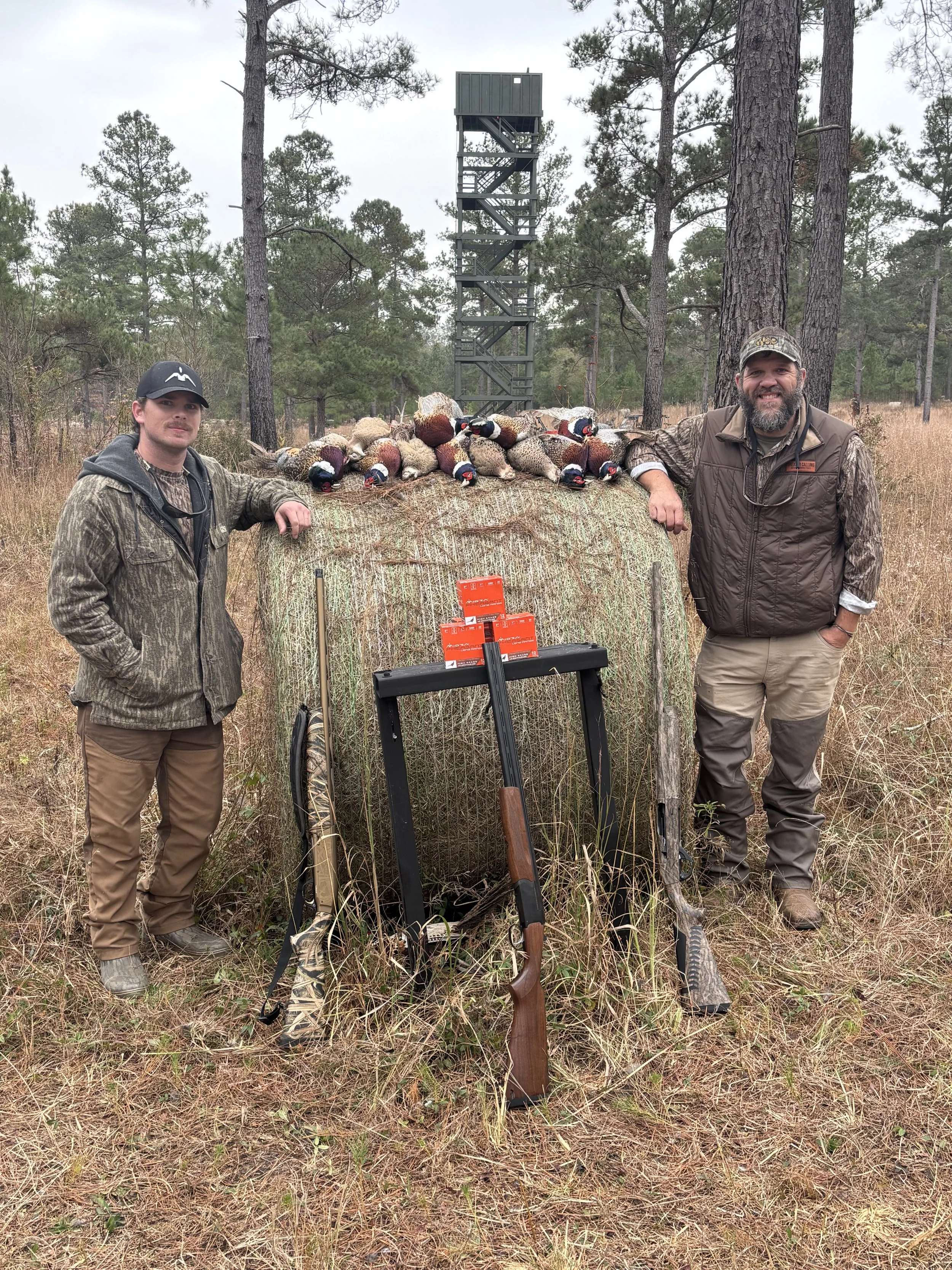Two men outdoors in a forested area stand on either side of a large hay bale. The bale is topped with a group of harvested ducks. Behind them, a metal tower or observation platform is visible among tall trees. Hunting gear, including rifles, is leane