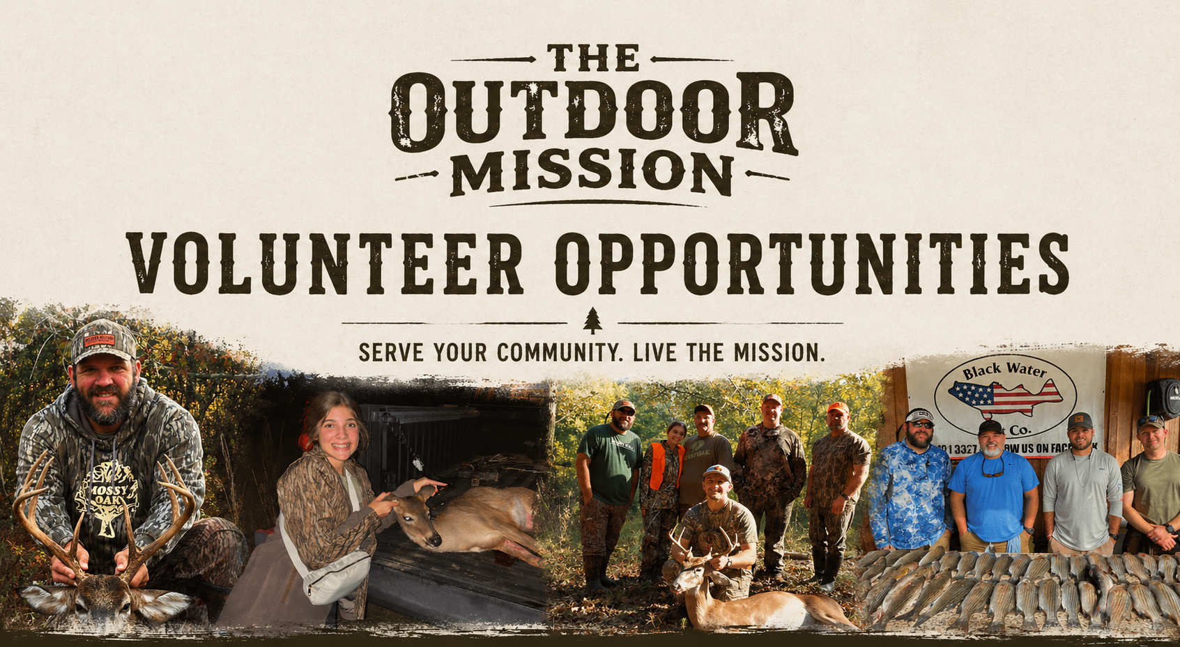 A promotional banner for outdoor volunteer opportunities featuring a group of people in outdoor gear, animals like deer, and images of hunting and fishing activities from a community organization.
