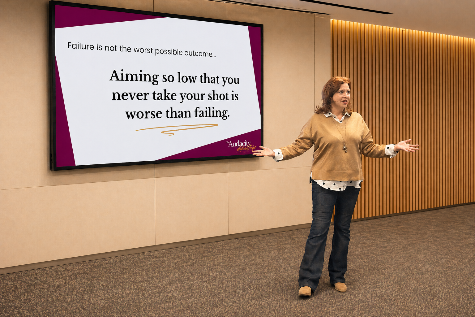 A woman standing in front of a large screen, giving a talk about having the audacity to go after your goals even if there is a chance you could fail.