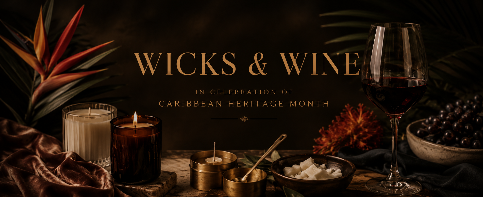 A dark, elegant Caribbean-themed celebration scene with candles, cheese, wine, and tropical plants.