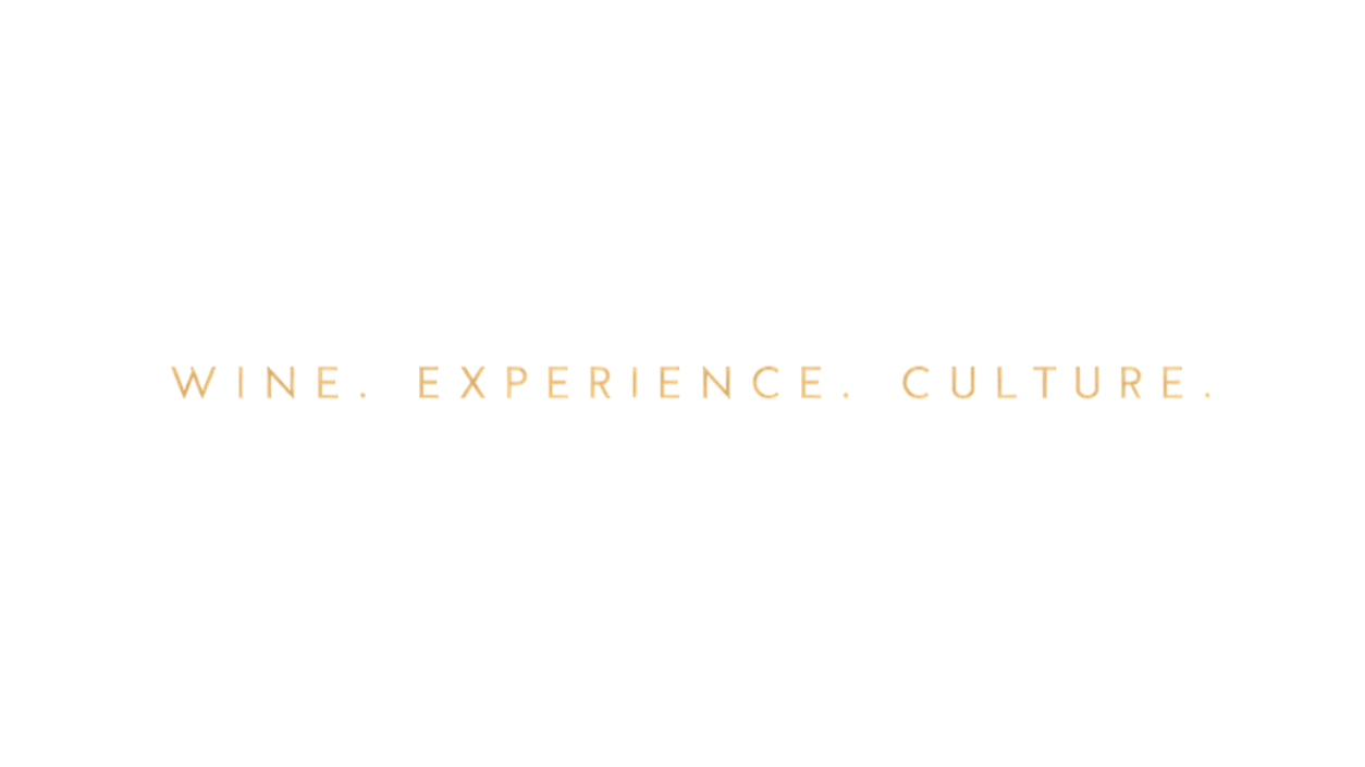 Close-up of a black background with the words 'WINE. EXPERIENCE. CULTURE.' written in gold text.