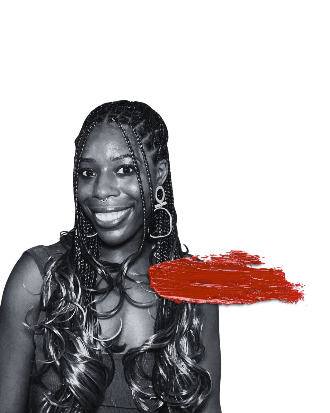 A Black woman smiles in a black and white photo. A lipstick smear is overlaid on the photo.