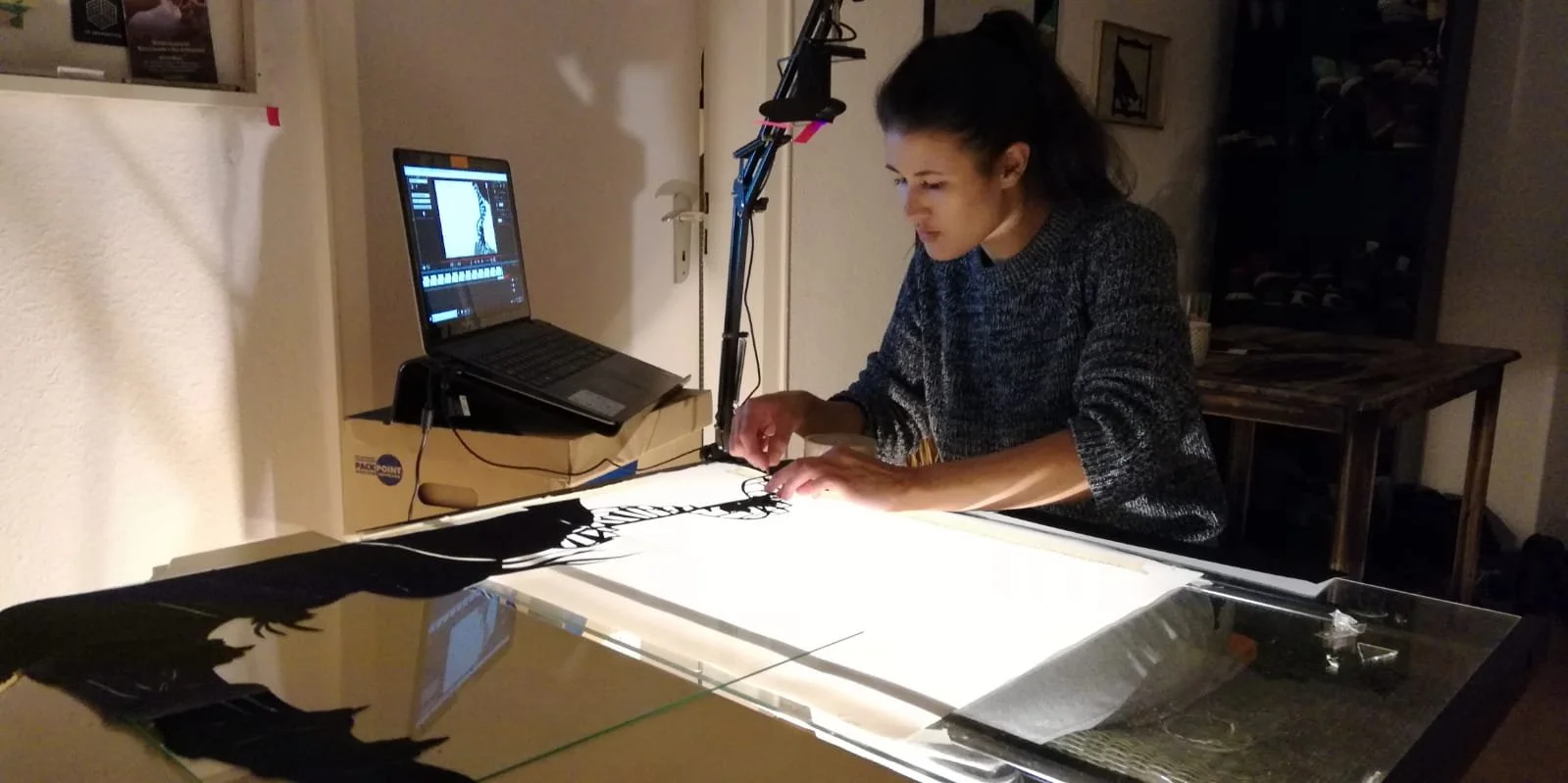 Woman working on an animation project using a lightbox, with a laptop displaying animation software nearby.