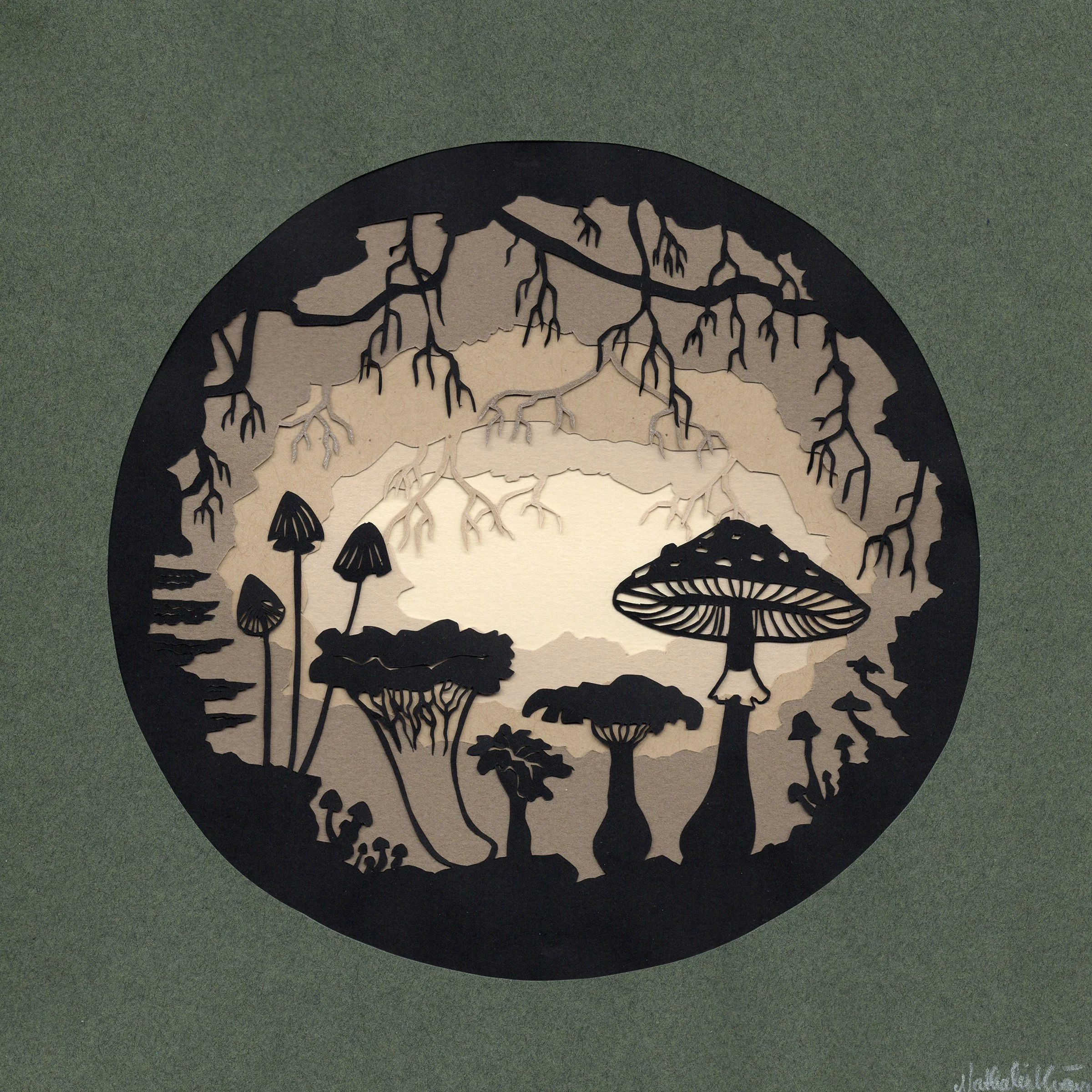 Mushroom Cave, 8x8, hand-cut paper