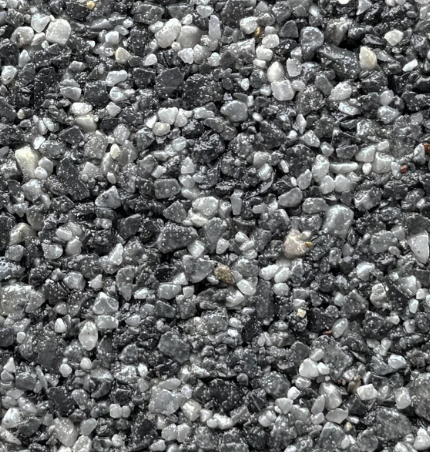 Close-up of small, irregularly shaped black, gray, and white gravel stones.