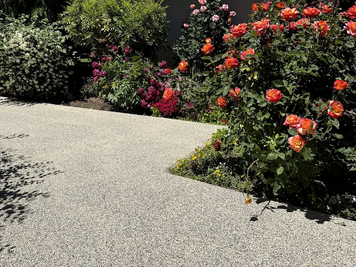 A garden with colorful flowers, including pink, orange, and purple blossoms, alongside a light-colored textured pathway.
