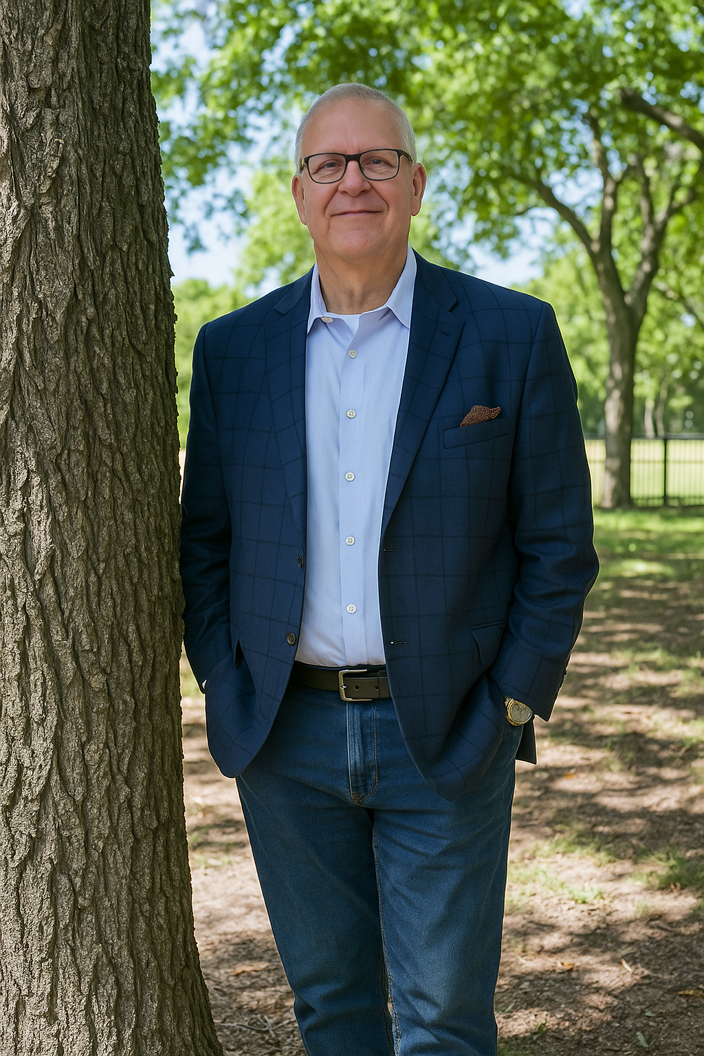 A middle-aged man in a blue checkered blazer, white shirt, and blue jeans standing outdoors next to a tree during the daytime. He is smiling and has his hands in his pockets, with a background of green trees and a fenced area.