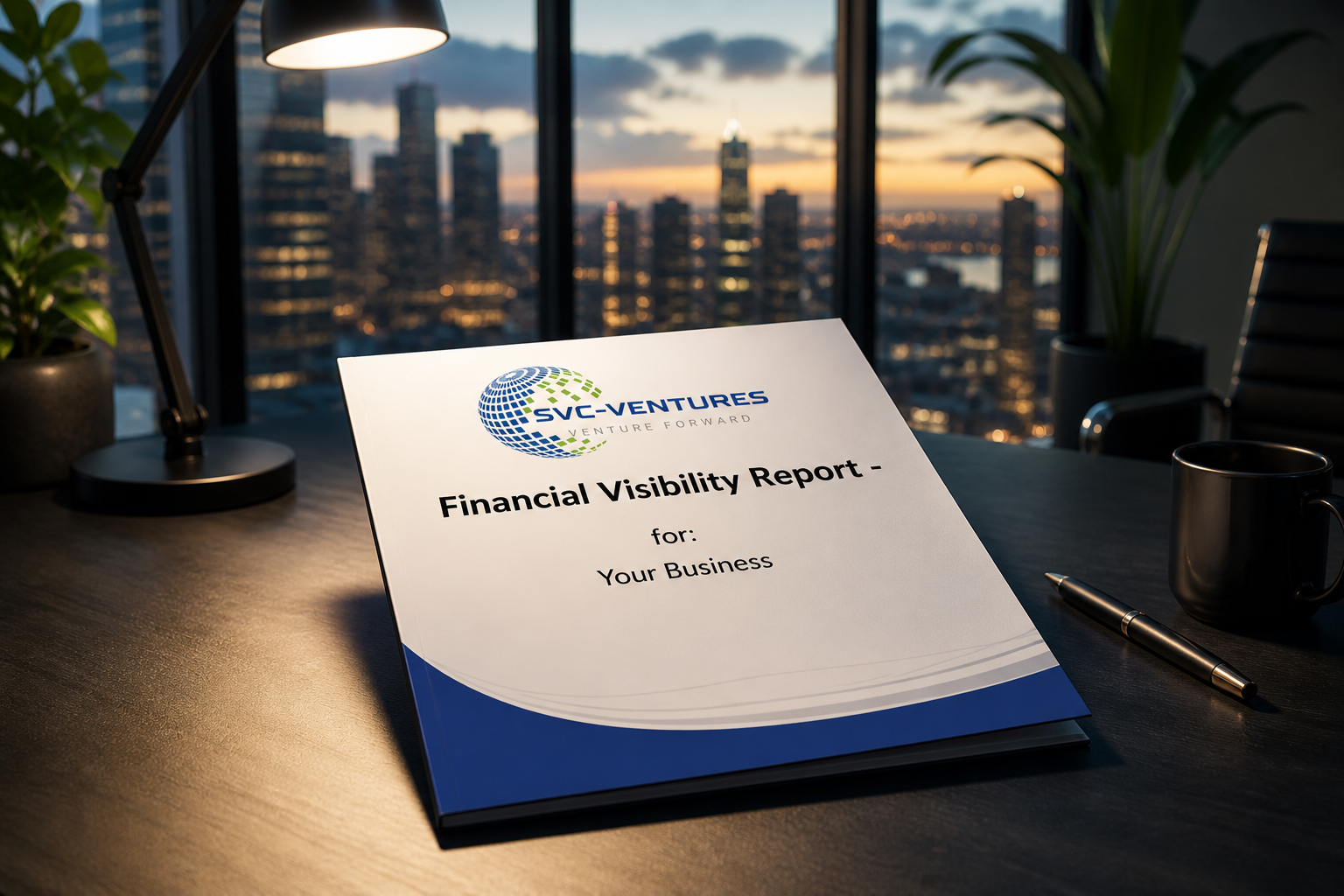 A financial report titled 'Financial Visibility Report' for a business on a desk in an office with a city skyline view at sunset, beside a black coffee mug, a pen, and a desk lamp.