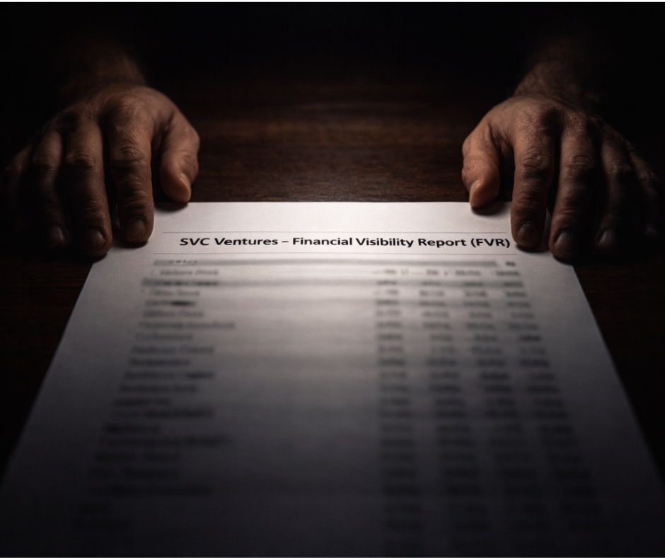 A person holding a financial report titled 'SVC Ventures - Financial Visibility Report (FVR)' on a dark wooden table.