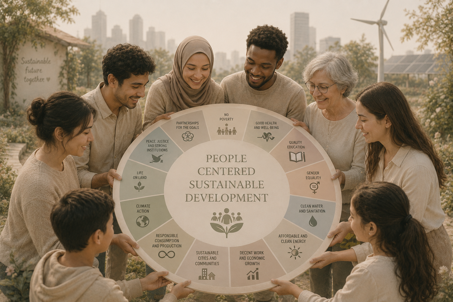 Group of diverse people holding a large circular chart about sustainable development goals outdoors.