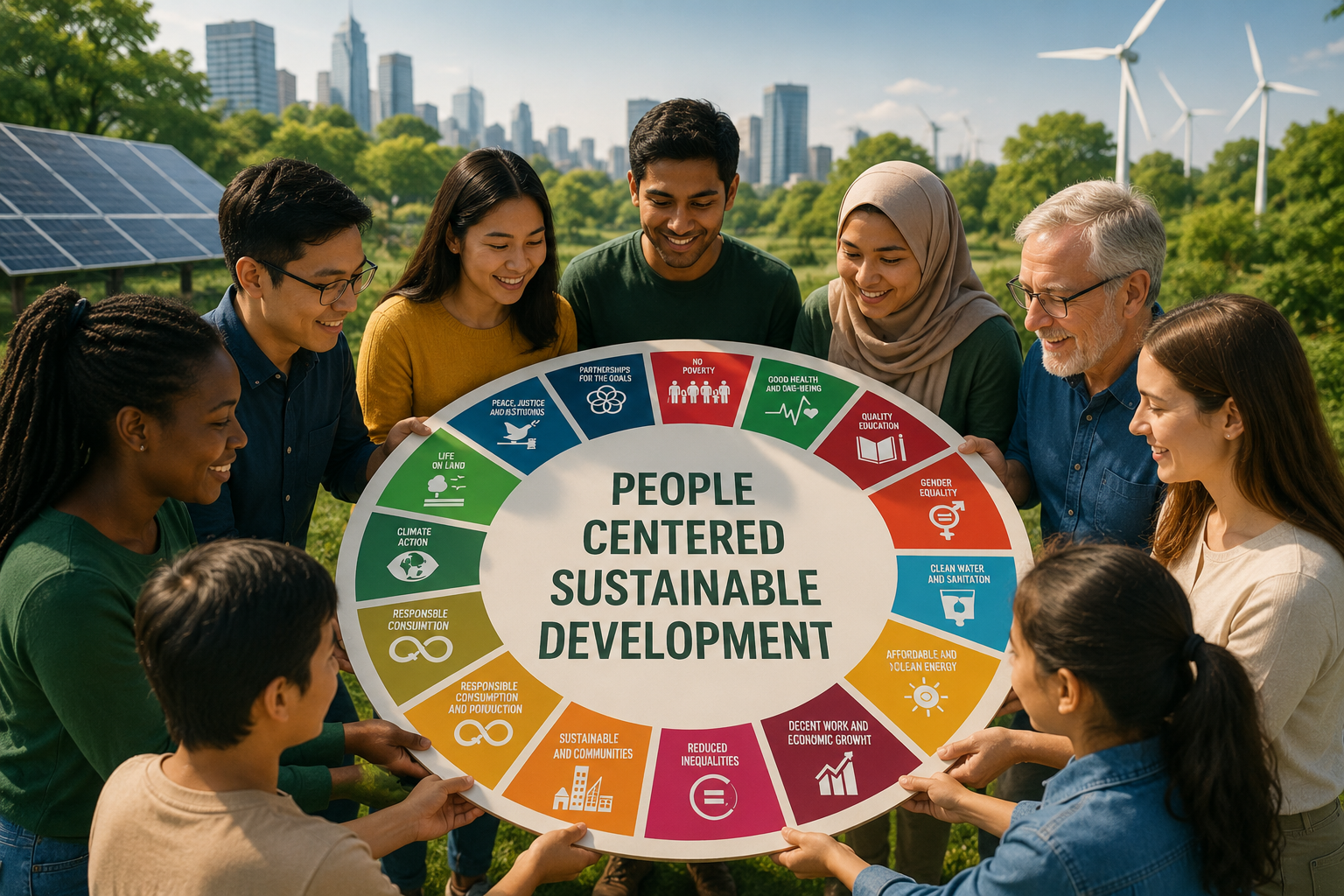 Group of diverse people holding a circular chart about sustainable development goals in an outdoor park with city buildings and wind turbines in the background.