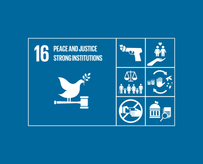 Icon grid representing UN Sustainable Development Goal 16: Peace, Justice, and Strong Institutions, with symbols of a dove, gavel, scales of justice, hand with a person, and a government building.