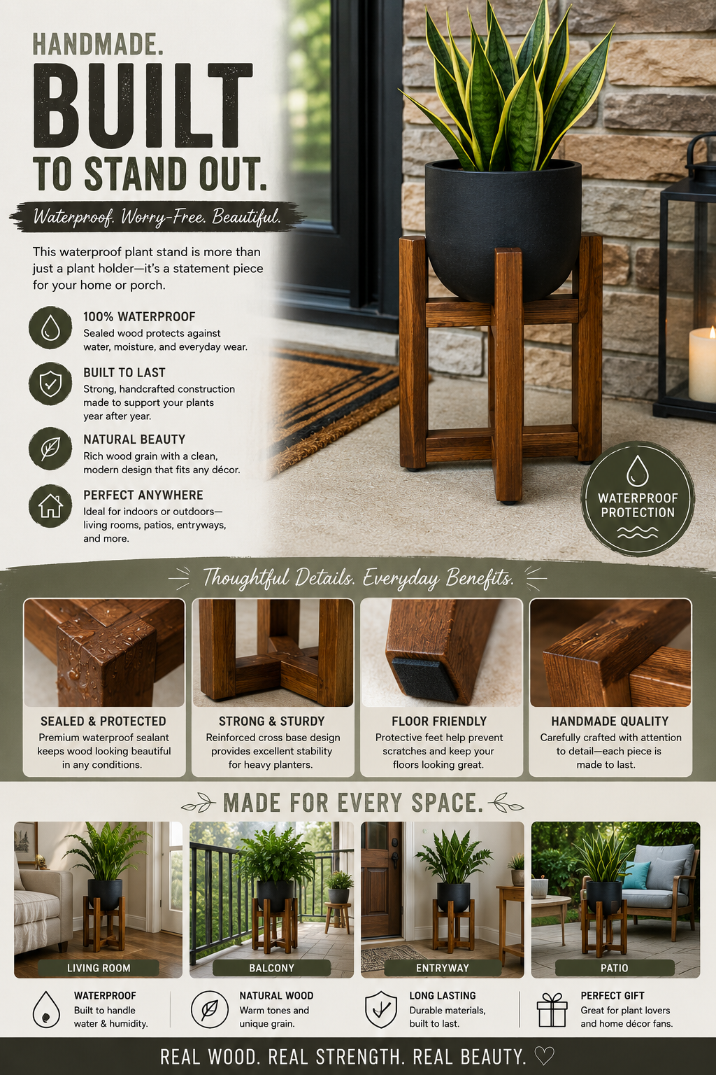 A display of a wooden waterproof plant stand with a potted plant on top, next to text promoting its features like waterproof, durability, natural beauty, and suitability for indoor and outdoor spaces.