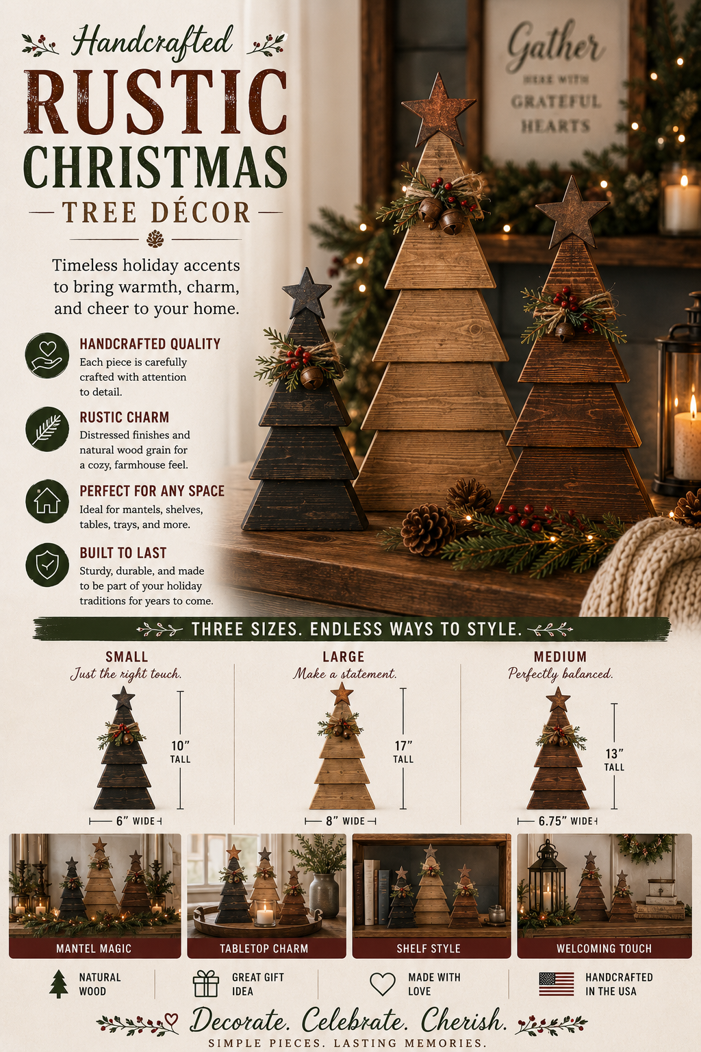 Display of three rustic wooden Christmas tree decorations with stars and holiday decorations, promoting handcrafted quality, rustic charm, space versatility, and durability, available in small, medium, and large sizes.