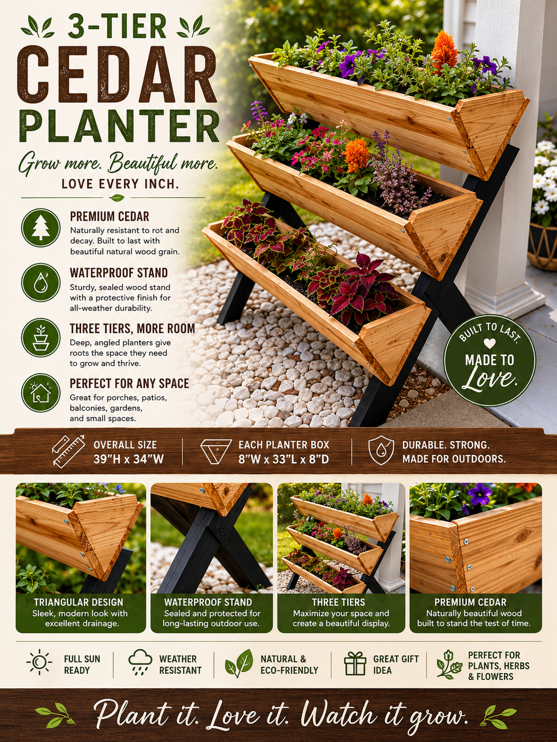 A three-tier cedar planter stand with blooming flowers. The stand is black with wooden planters, each filled with colorful flowers and plants, set outdoors on a stone surface.