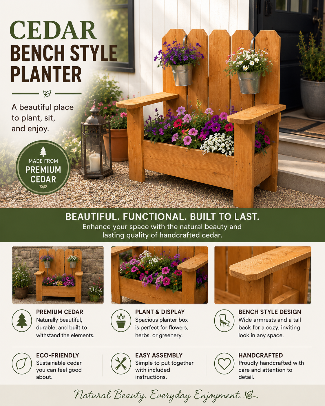 A wooden cedar bench-style planter filled with colorful flowers, placed outside a house with potted plants and a lantern nearby.