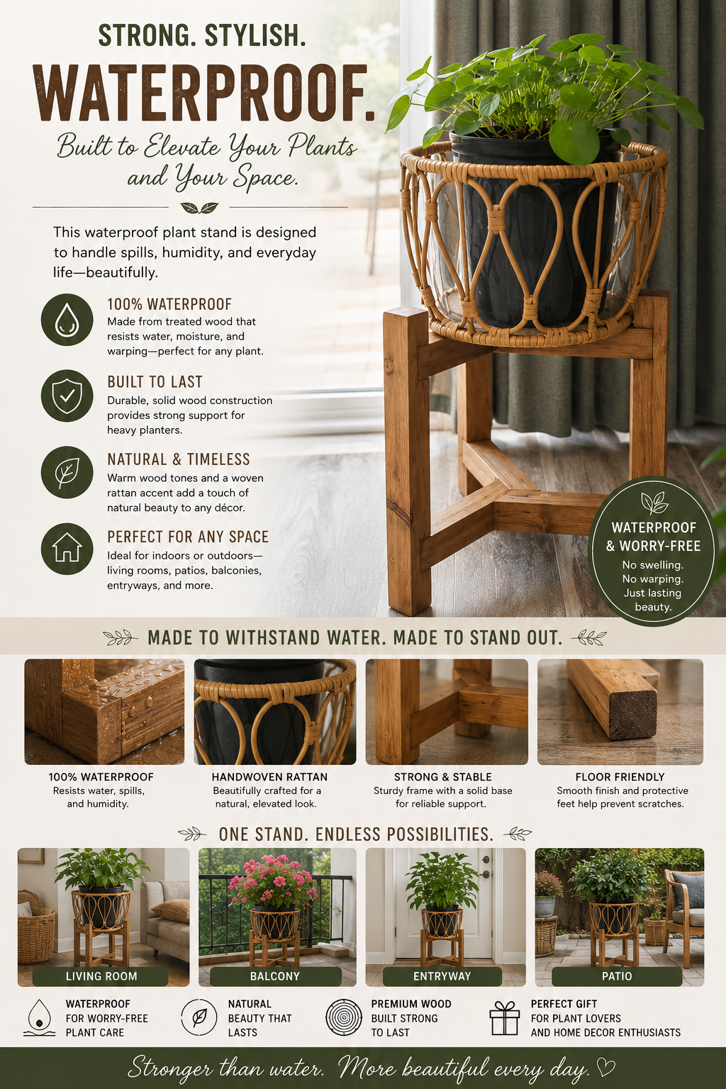 An advertisement for a waterproof plant stand with a photo of the stand holding a pot of green plants. The stand is made of natural wood, featuring a woven rattan accent, and designed for durability and style. The poster highlights its waterproof qua