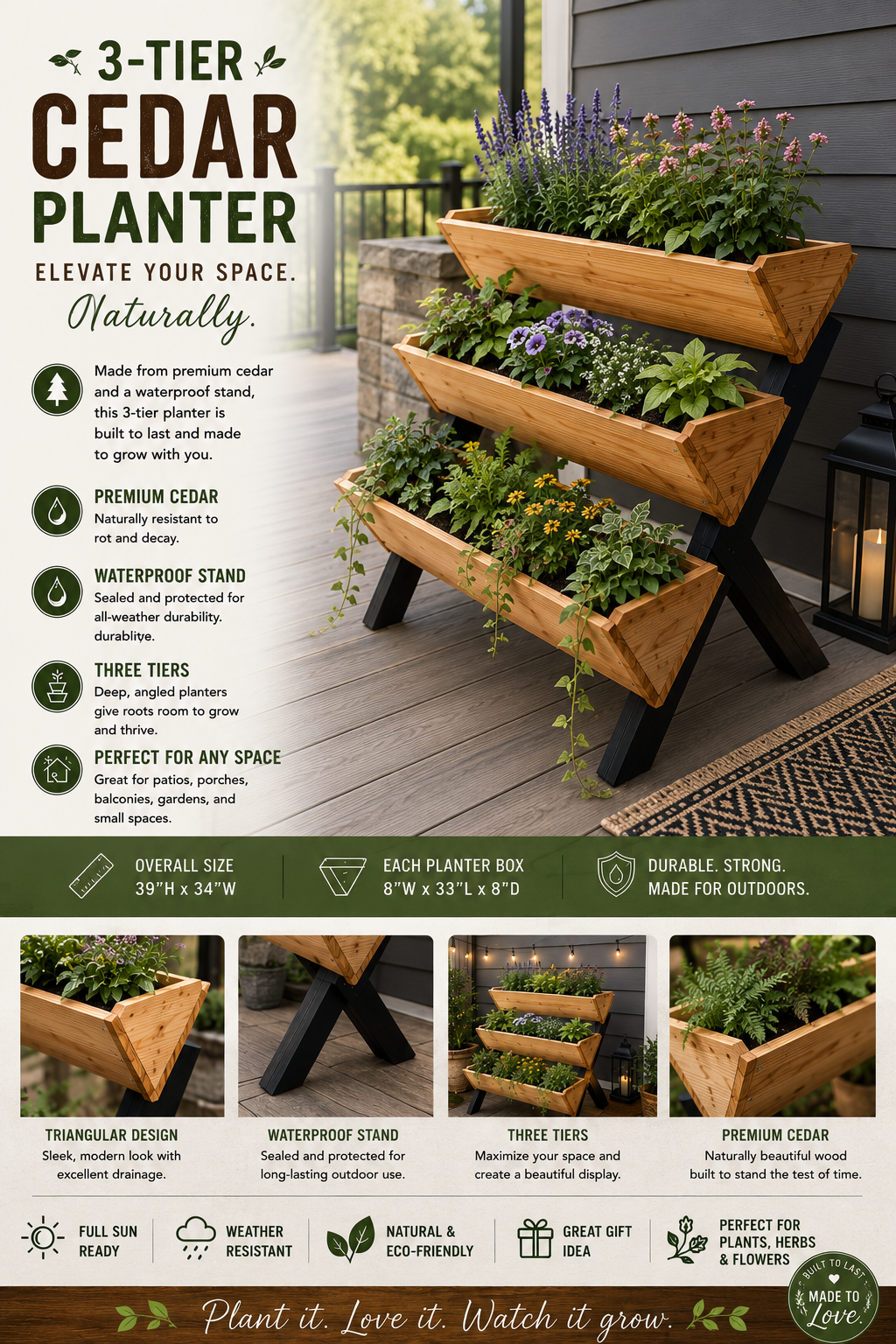 Infographic displaying a 3-tier cedar plant stand outdoor garden planter with flowers, with features, dimensions, and benefits listed.