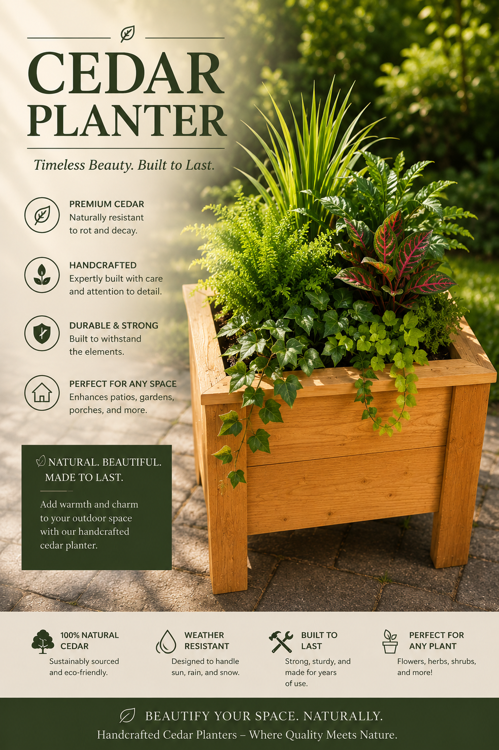 A promotional flyer for a cedar planter showcasing its features, including natural beauty, handcrafted quality, durability, and suitability for any outdoor space, with a background image of a cedar planter filled with various green plants.
