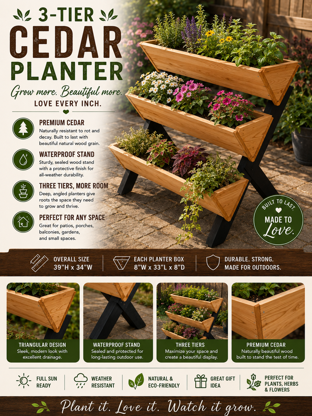 Image of a wooden three-tier cedar planter filled with colorful flowers, with informational text on the left describing its features and benefits, set outdoors on brick paving.