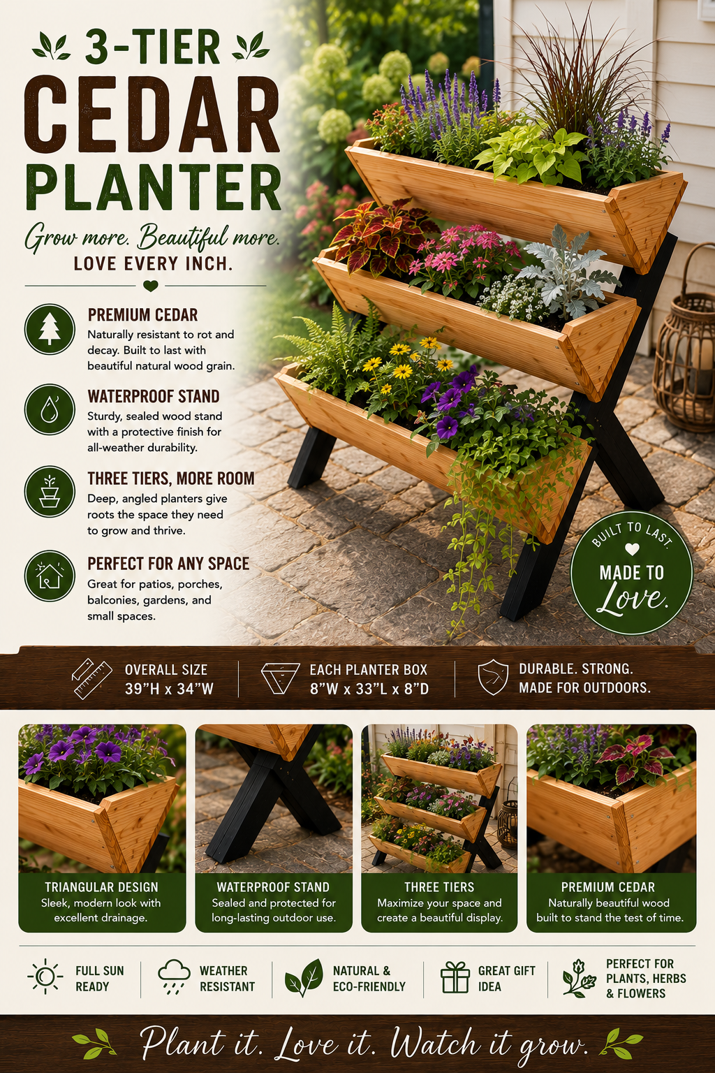 Advertisement for a 3-tier cedar planter with three wooden boxes filled with colorful flowers, set outdoors on a brick patio next to a house wall. The sign highlights features such as premium cedar, waterproof stand, three tiers for more room, and su