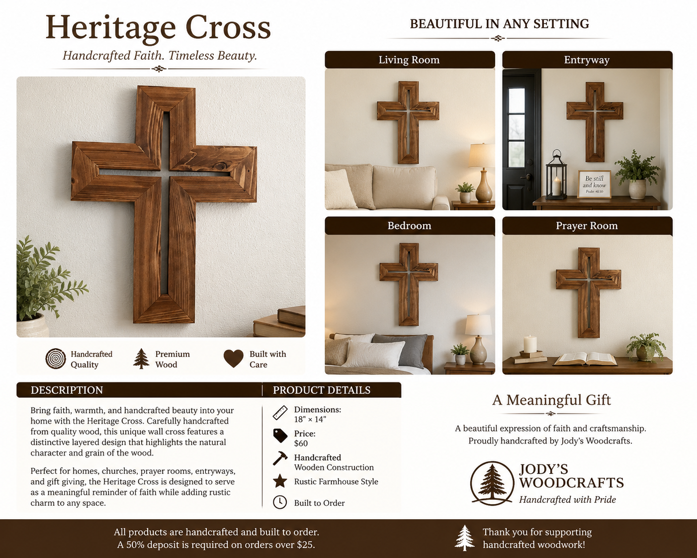 Handcrafted Heritage Cross wall hanging made from stained wood with a layered open-center design, rustic Christian home décor.