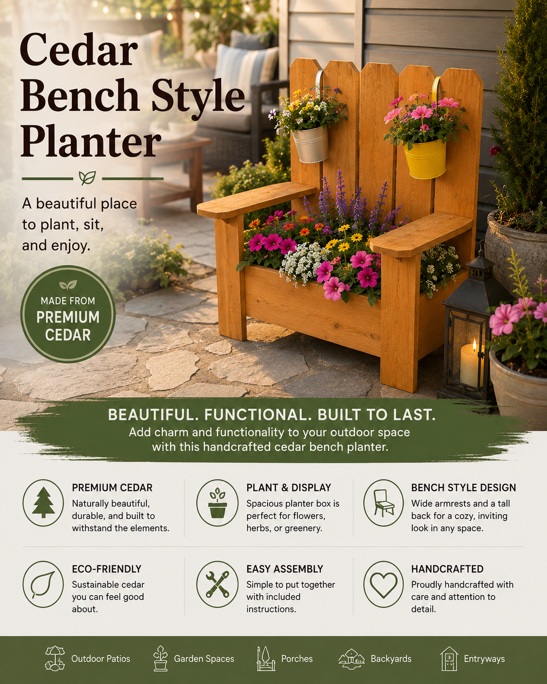 Handcrafted cedar bench style planter filled with vibrant colorful flowers, displayed on a cozy outdoor patio with rustic garden décor and warm natural lighting.