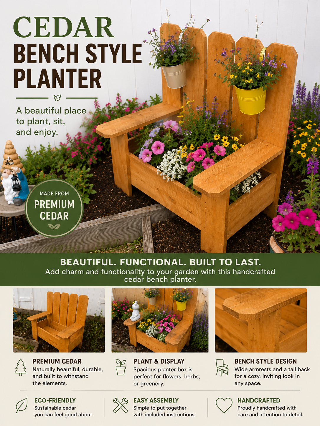 A wooden cedar bench style planter filled with pink, white, and purple flowers, with two yellow and one white planter containing flowers hanging on the backrest, surrounded by other flowering plants, with promotional text and icons describing the pro