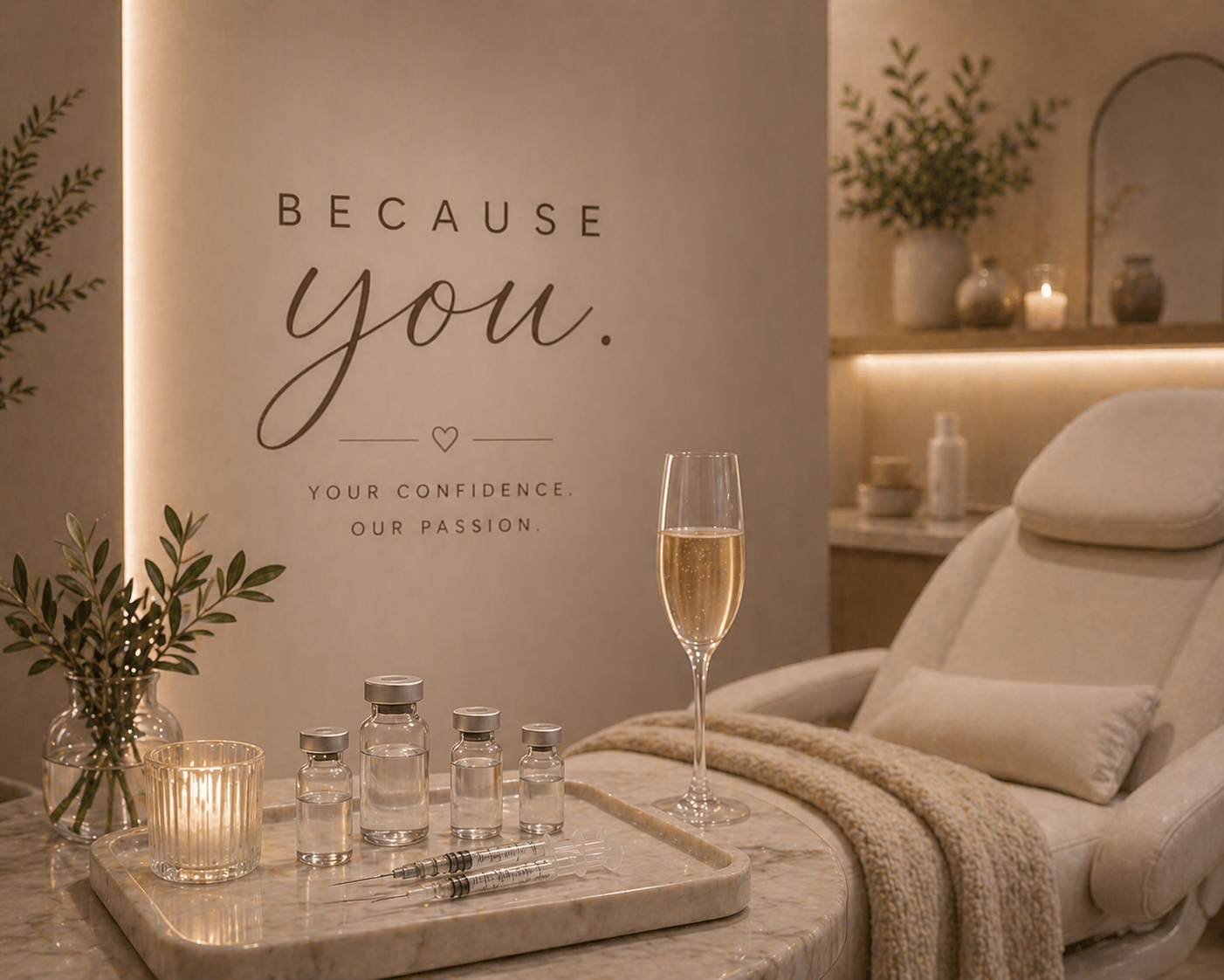 A cozy wellness or spa room with a comfortable reclining chair, a marble table with vials, syringes, a glass of champagne, a candle, and a vase with greenery; a wall sign reads 'Because you. Your confidence. Our passion.'