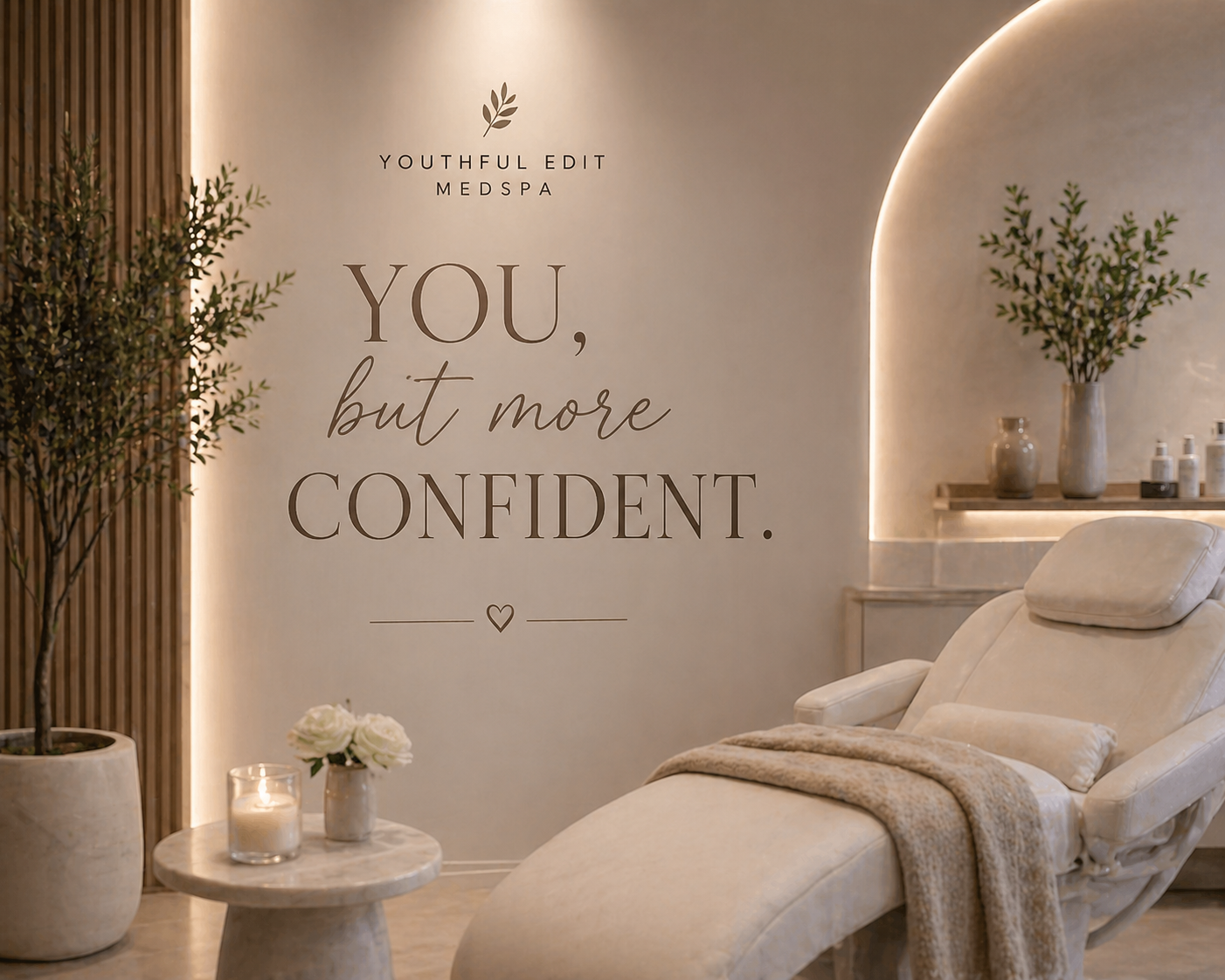 Interior of a spa room with a reclining chair, a small round table holding white flowers and a candle, potted plants, and a wall sign that reads 'Youthful Edit MedSpa. You, but more confident.' with warm lighting.