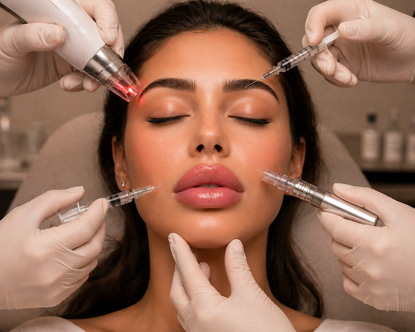A woman receiving cosmetic injections on her face while lying down with her eyes closed, surrounded by medical professionals in gloves administering the procedure.
