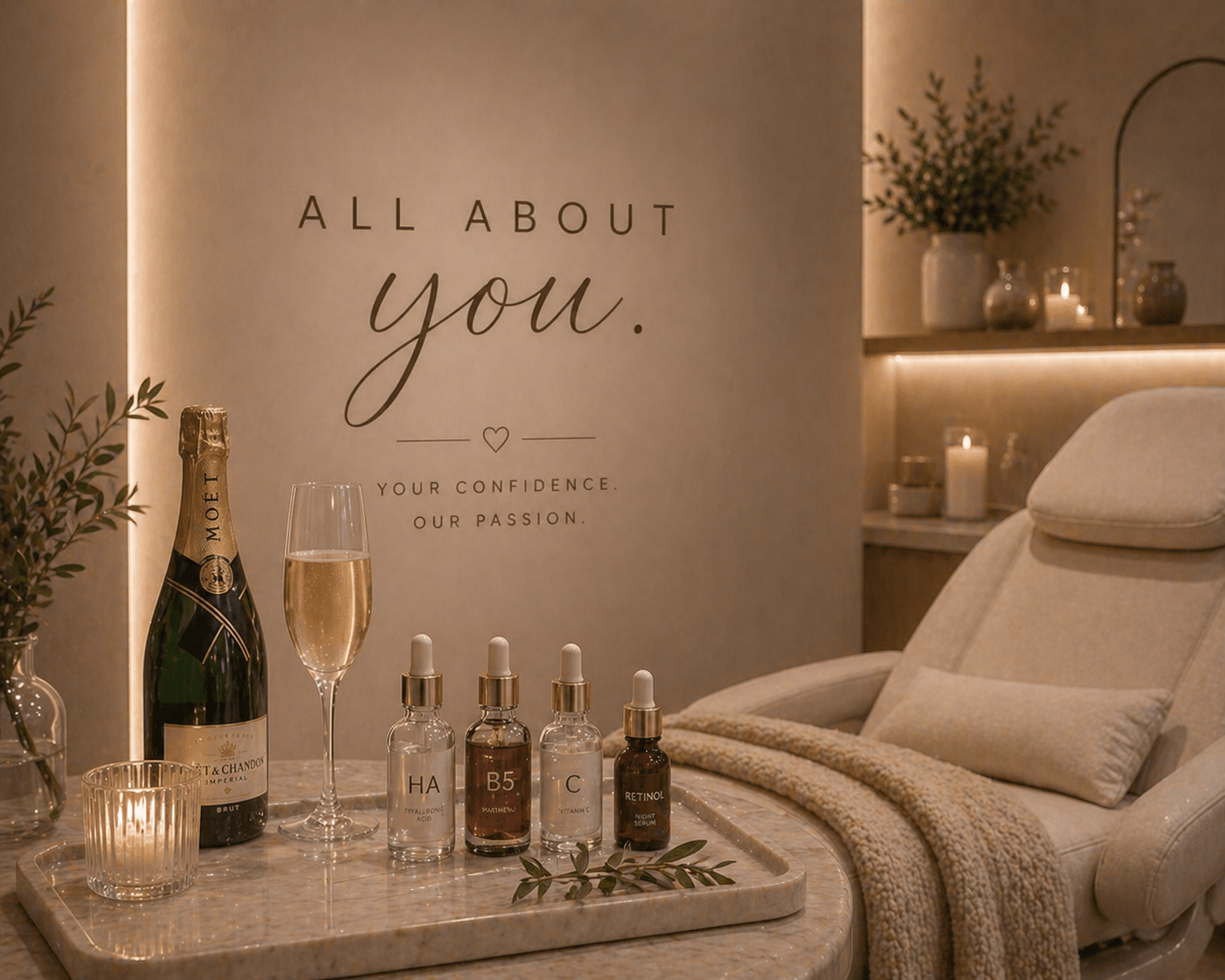 A cozy spa or beauty salon interior with a beige reclining chair, a marble table with skincare serums, a champagne bottle, and a glass of champagne, candles, plants, and a wall with the words 'All About You' and motivational phrases.