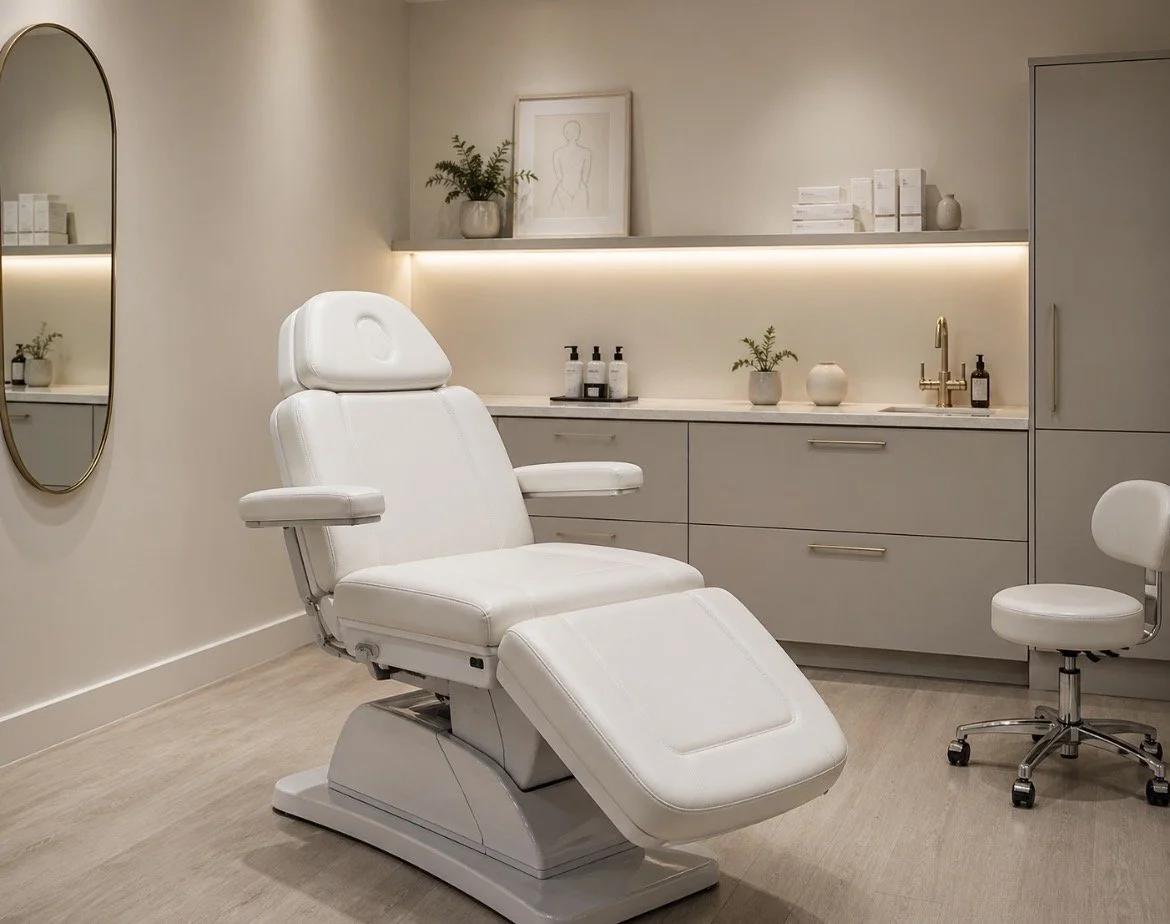 Medical examination or treatment room with a white adjustable treatment chair, a cabinet with toiletries, a mirror, and simple decor.