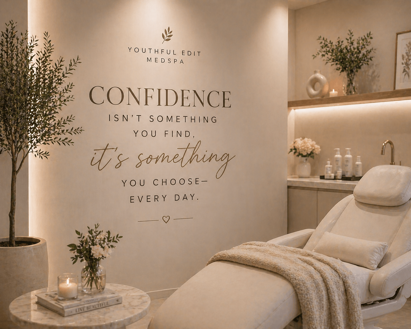 A comfortable treatment room with a padded reclining chair, a small round coffee table with candles and books, decorative plants, and a wall decal with an inspirational quote. The quote reads: "Confidence isn't something you find, it's something you choose - every day." The room has soft, neutral tones and a relaxing atmosphere.
