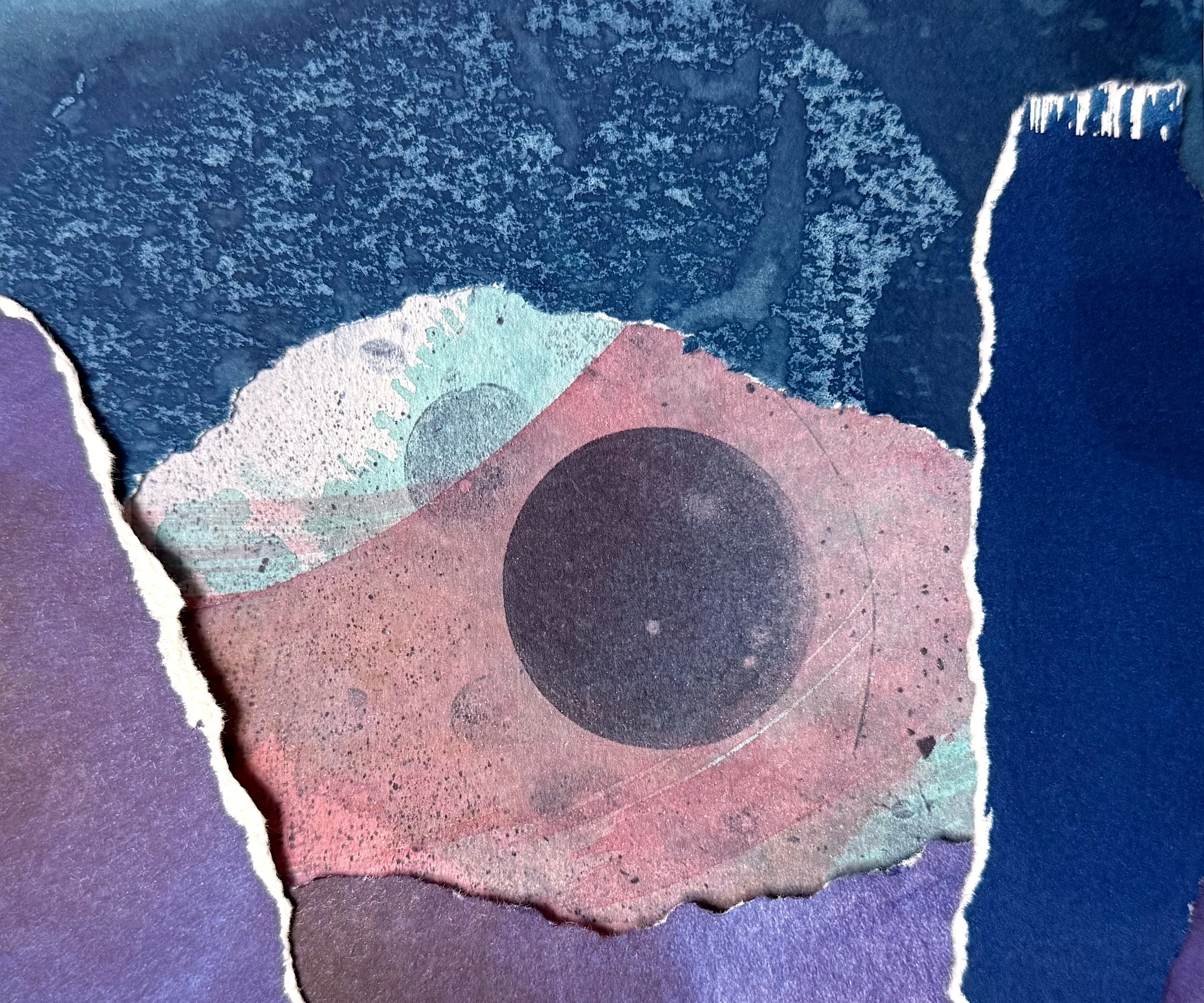 Space collage (cyanotypes, paint, glue)