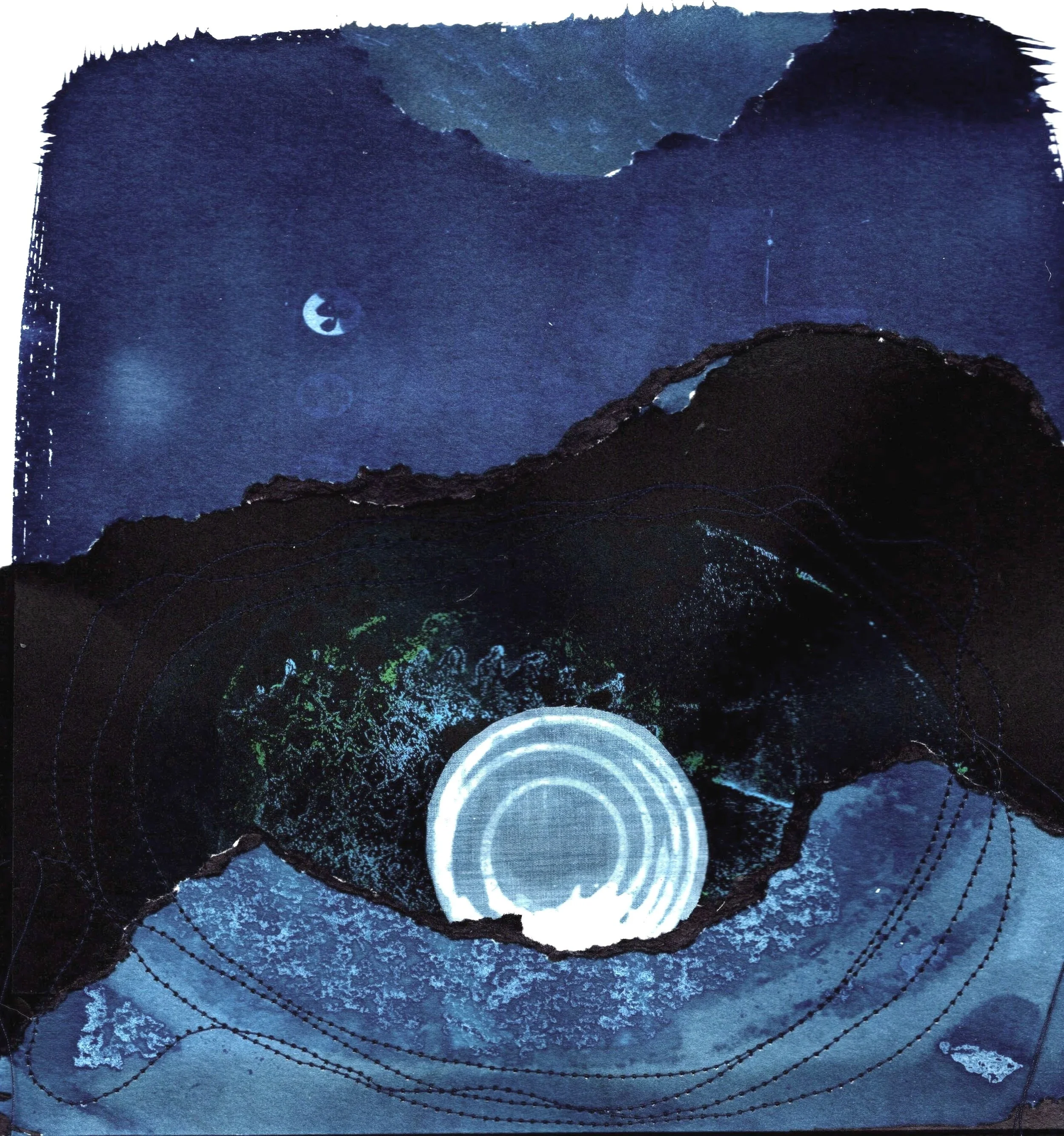 Moonrise over ice (indigo dyed fabrics, cyanotype scraps, thread)