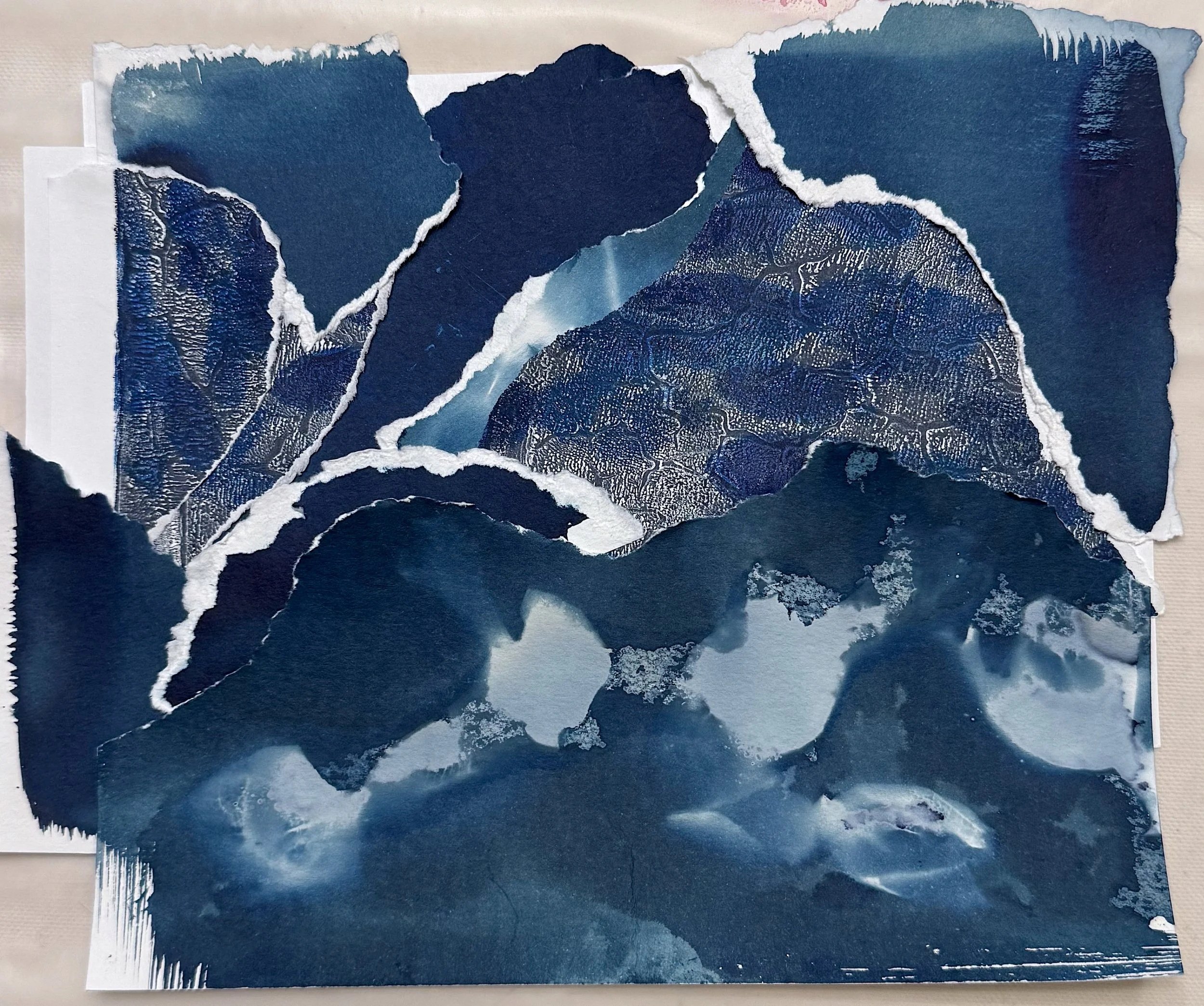 Ocean storm (cyanotypes, thread, paint)