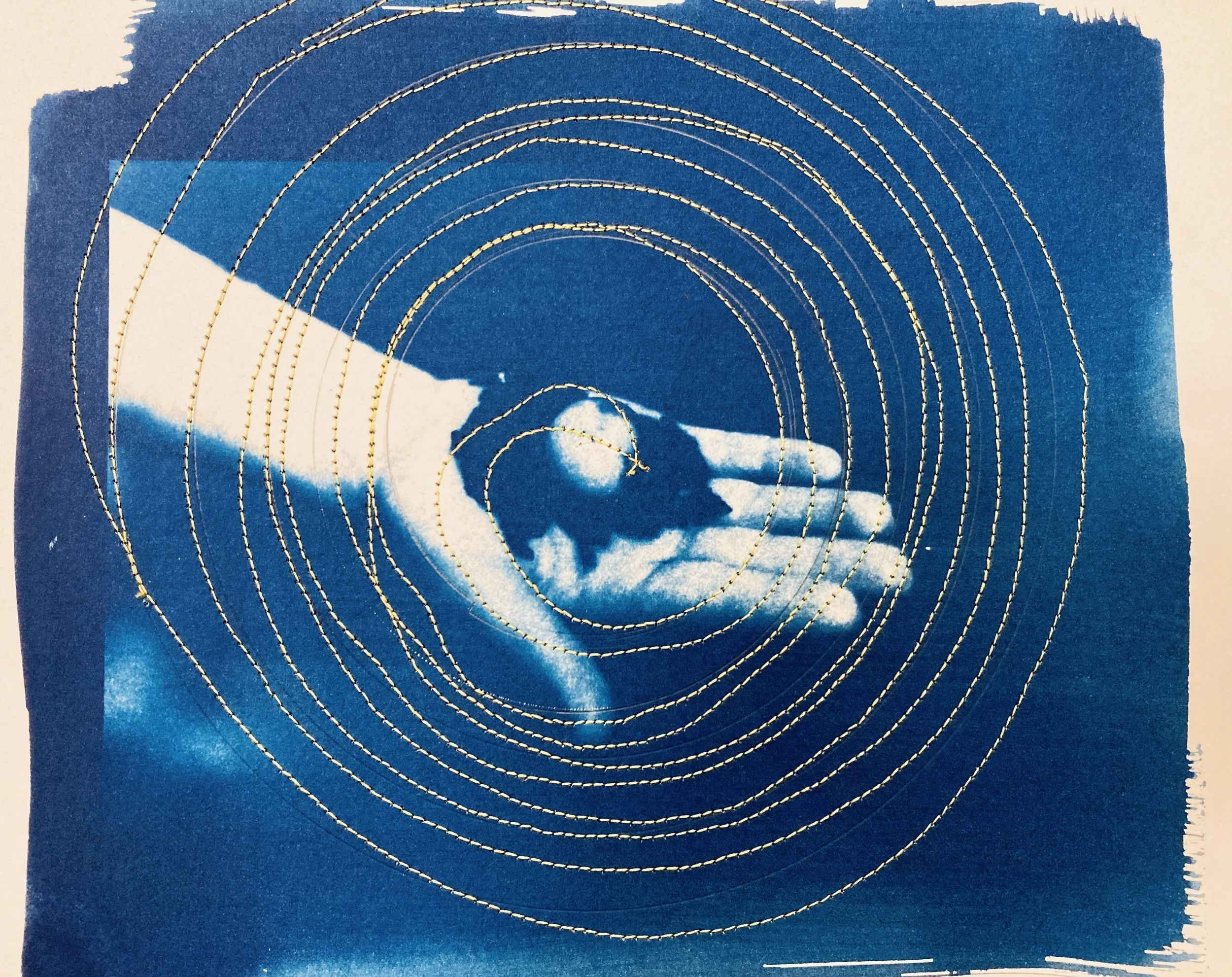 Karen holds the turtle egg as life swirls inside (cyanotype, thread)