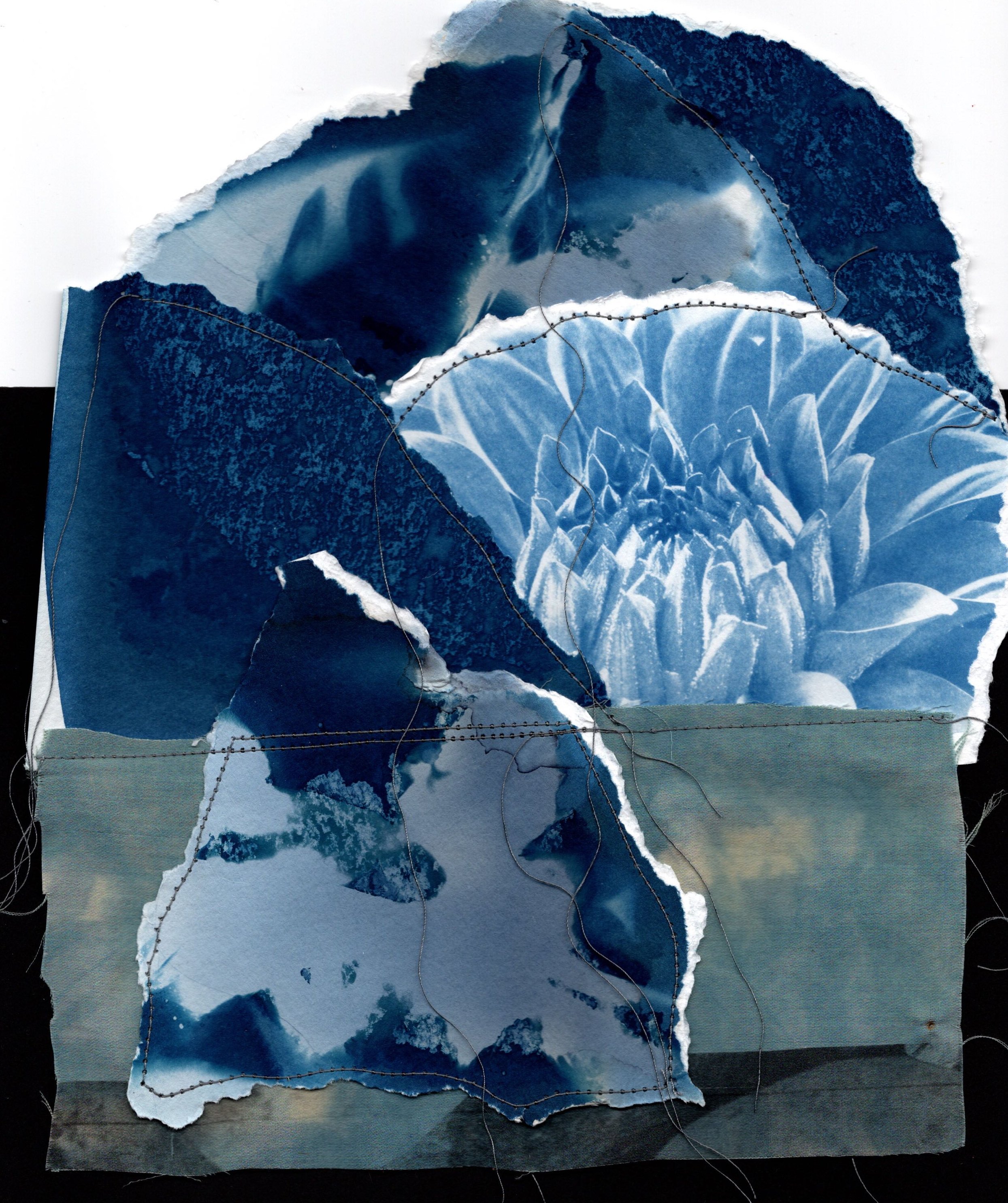 Collage landscape (cyanotypes, indigo dyed cloth, thread)