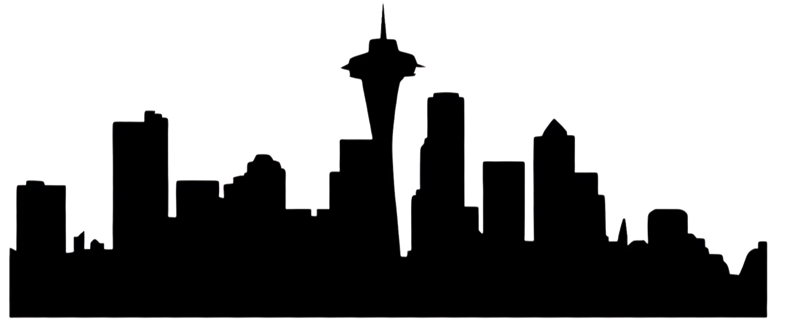 Outline silhouette of the Seattle skyline including the Space Needle against a black background.