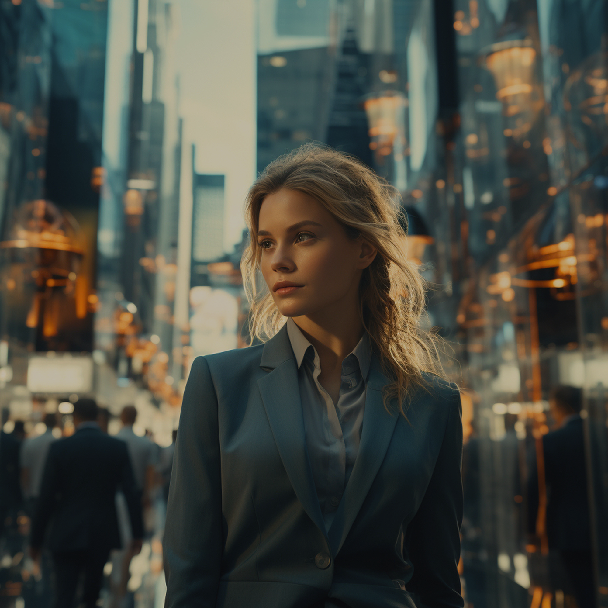 A woman with blonde curly hair, wearing a dark blazer and light-colored shirt, standing outdoors in an urban setting with glass buildings and reflections.