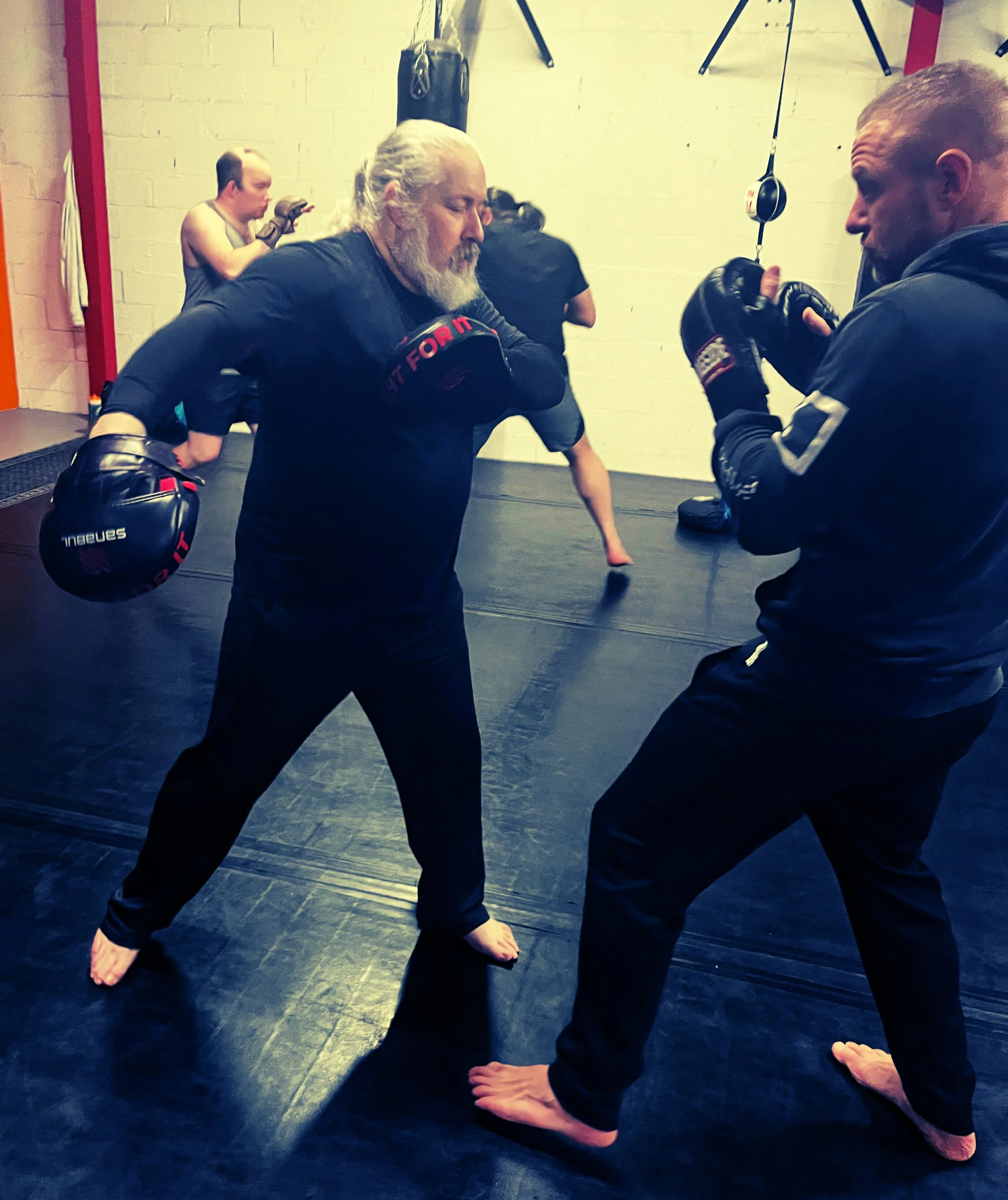 People practicing martial arts in a gym. Two individuals in foreground are engaged in sparring, wearing gloves and black athletic clothing. One person is holding a boxing pad and the other is barefoot, demonstrating a fighting stance. In the background, other participants are exercising, with punching bags and sports equipment visible.